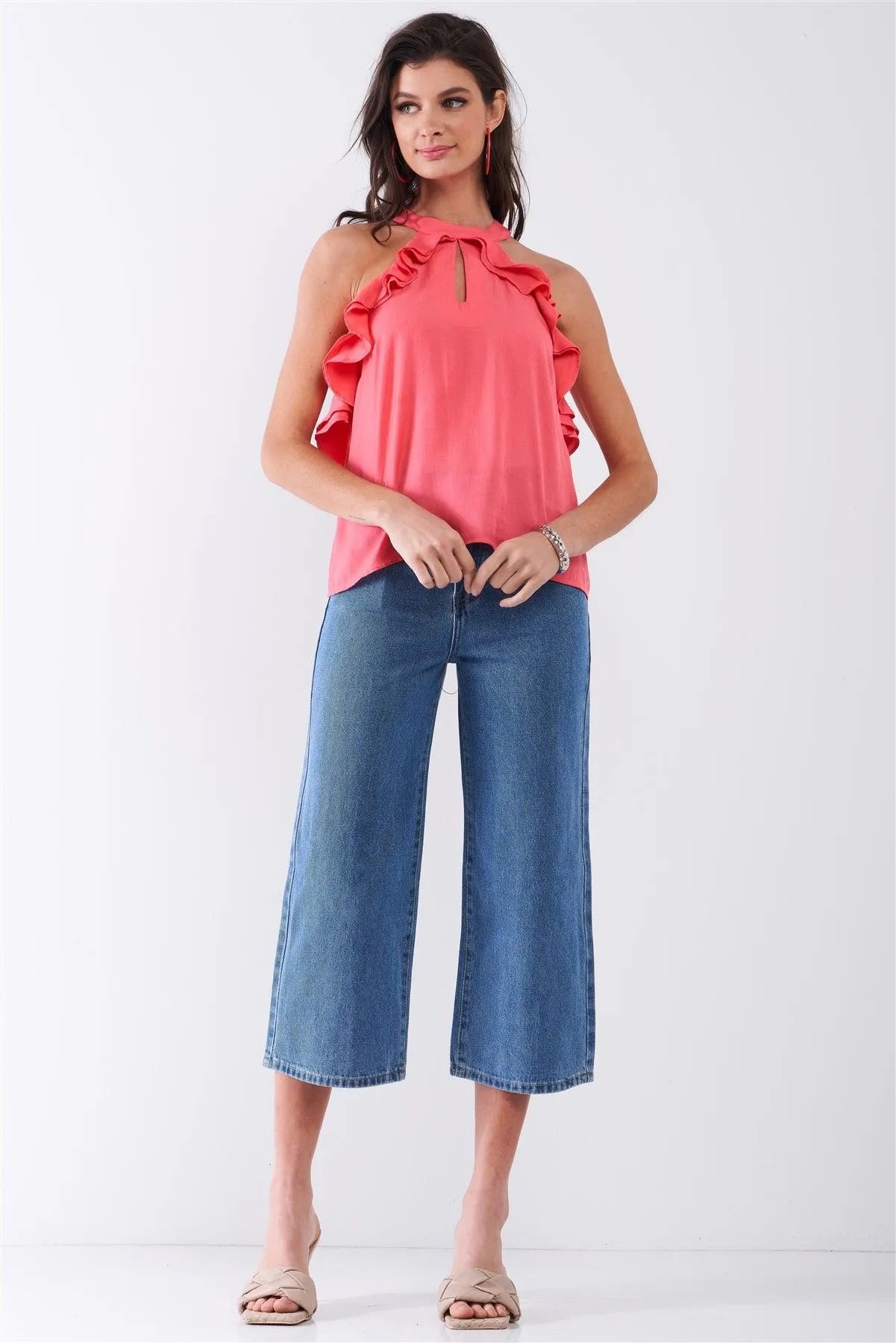 Coral Pink Sleeveless Halter Neck Ruffle Trim Babydoll Top /1-2-2-1 - Tasha Apparel Wholesale