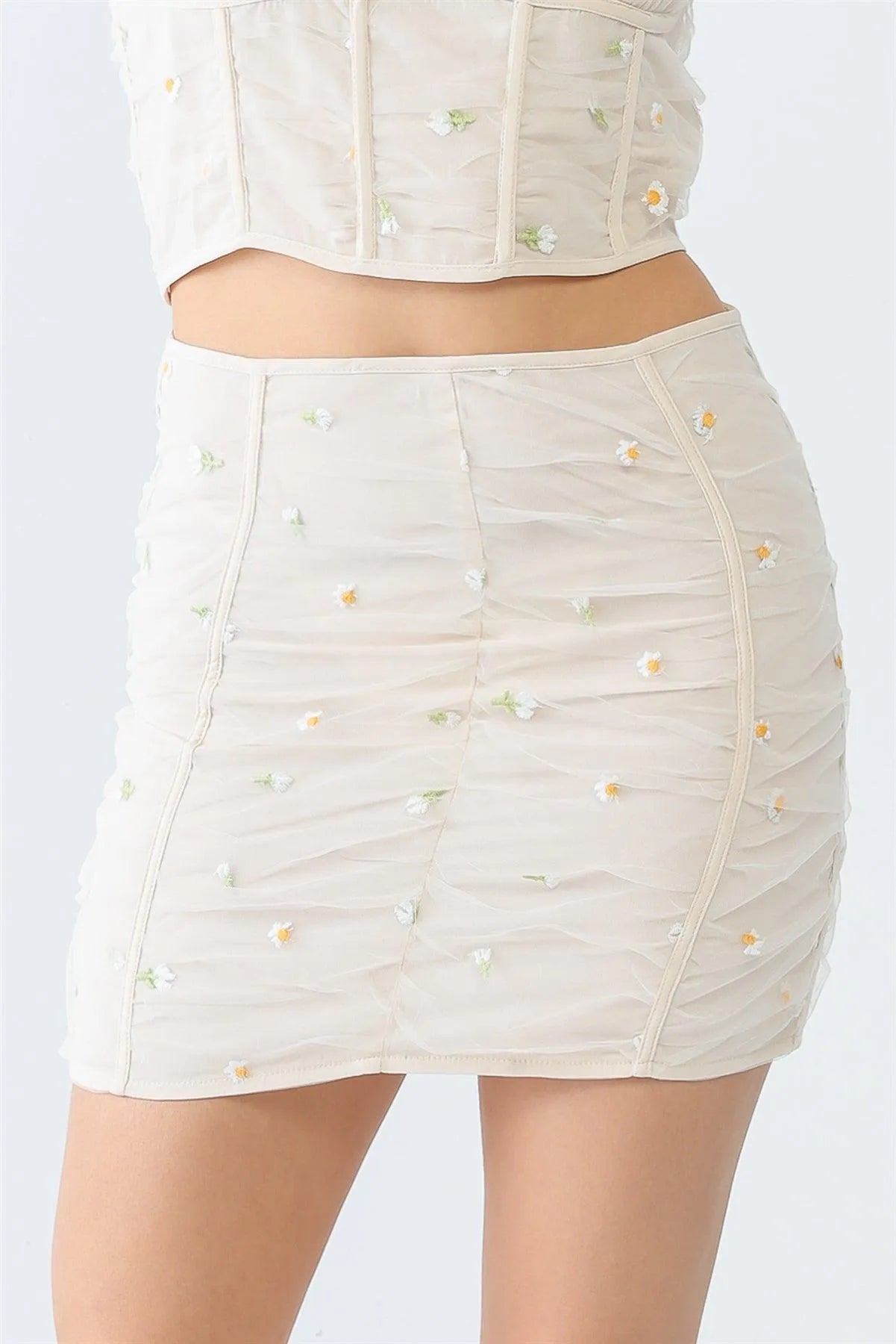 Cream Chamomile Embroidery Mesh Corset Sleeveless Crop Top & High Waist Mini Skirt Set /3-2-1 - Tasha Apparel Wholesale
