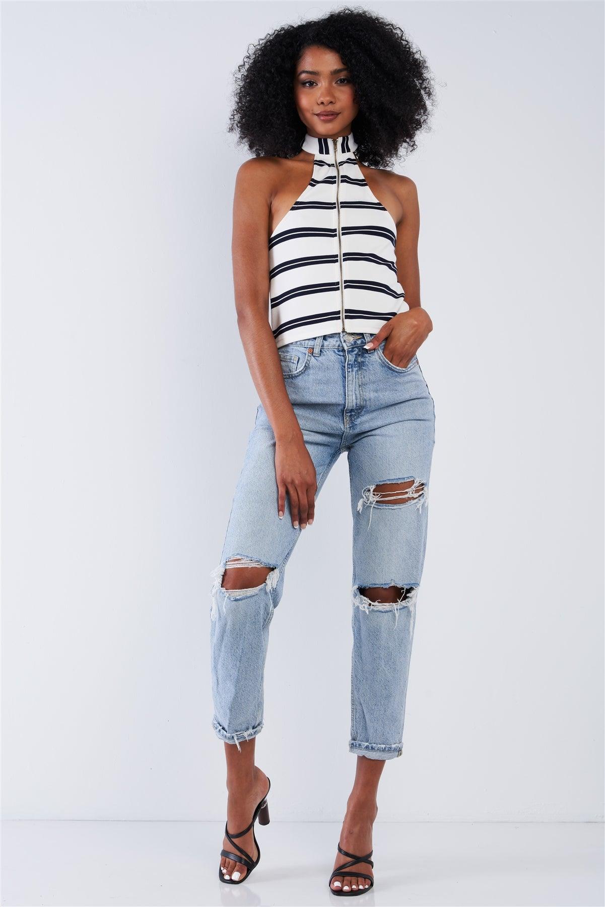 White And Navy Horizontal Double Stripe Sleeveless Loop Neckline Front Zipper Cropped Top
