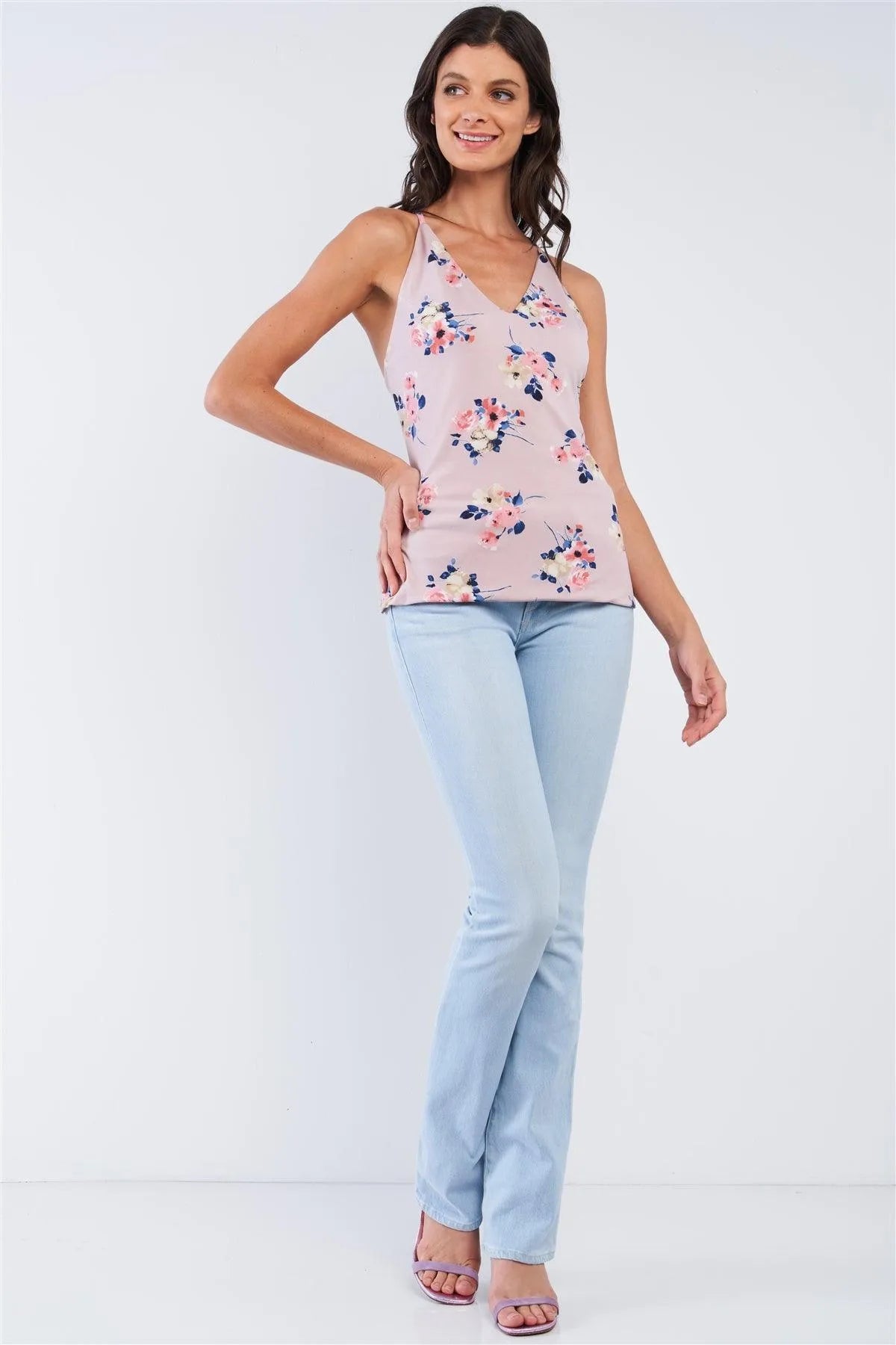 Lavender Multicolor Floral Sleeveless V-Neck Halter Tie Criss-Cross Strap Open Back Top /1-2-3-1 - Tasha Apparel Wholesale