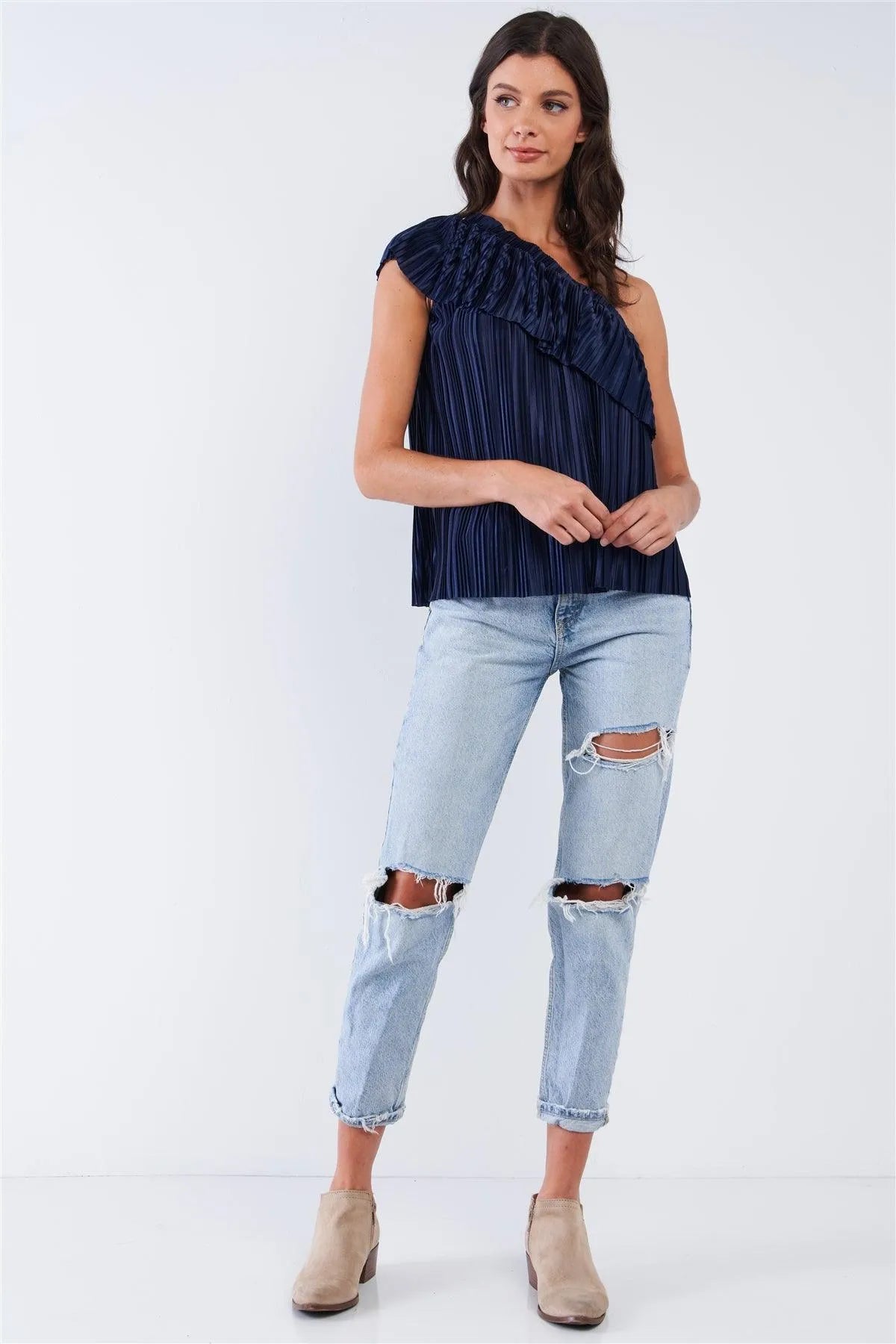 Solid Navy Blue Satin Crinkle Asymmetric Off-One-Shoulder Ruffle Detail Top - Tasha Apparel Wholesale