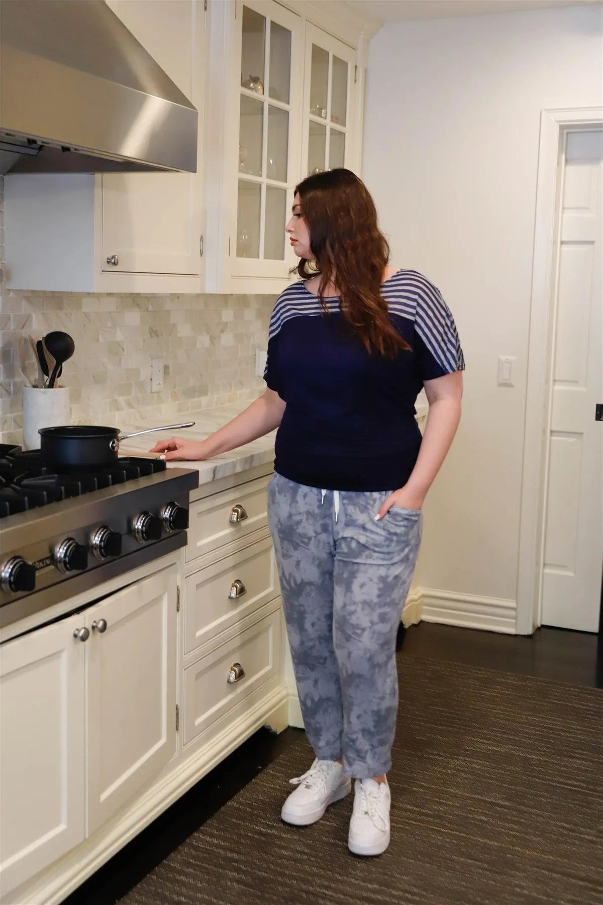 Junior Plus Navy & Grey Stripe Short Sleeve Top /1-1-1 - Tasha Apparel Wholesale