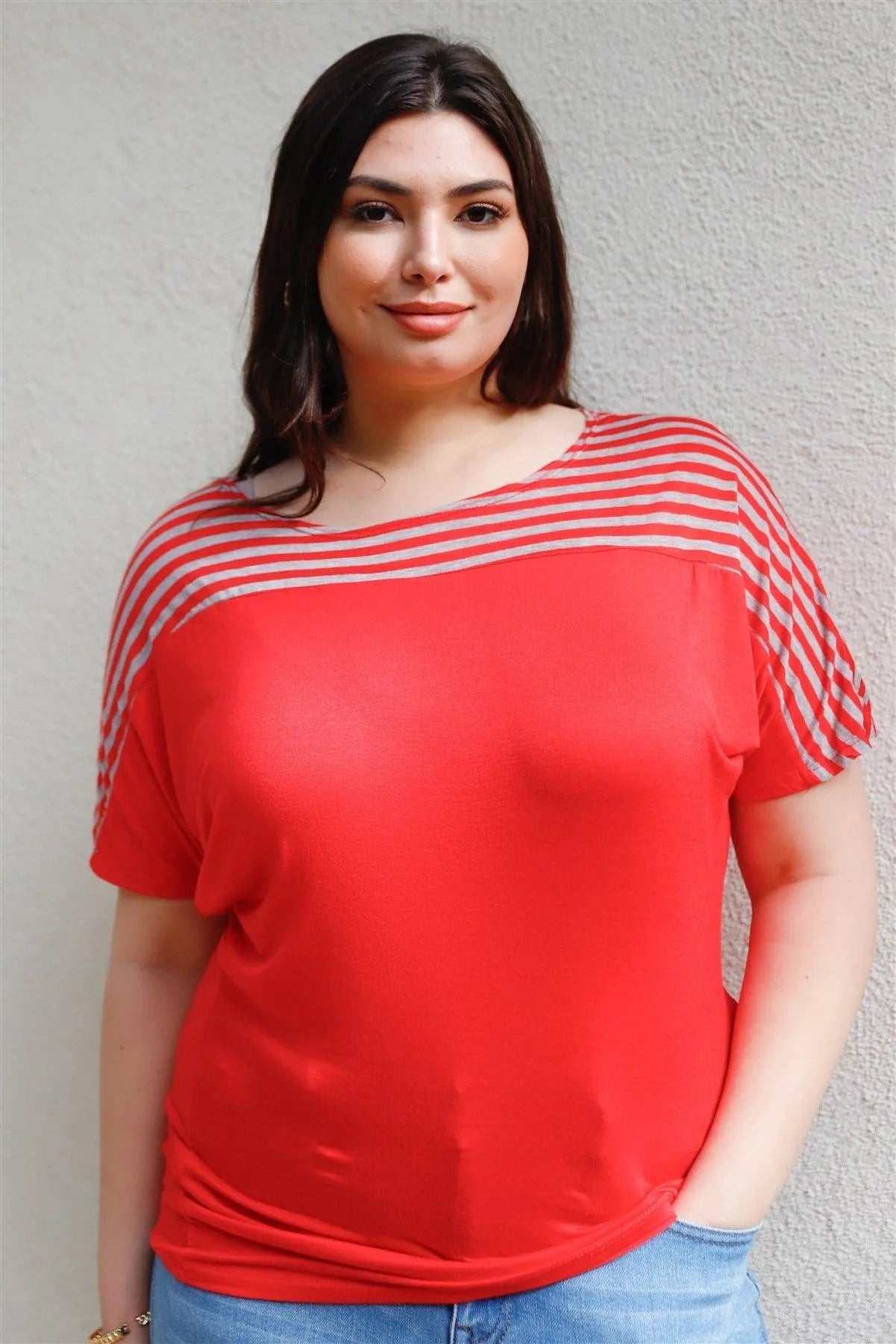 Junior Plus Tomato & Grey Stripe Short Sleeve Top /2-2-2 - Tasha Apparel Wholesale