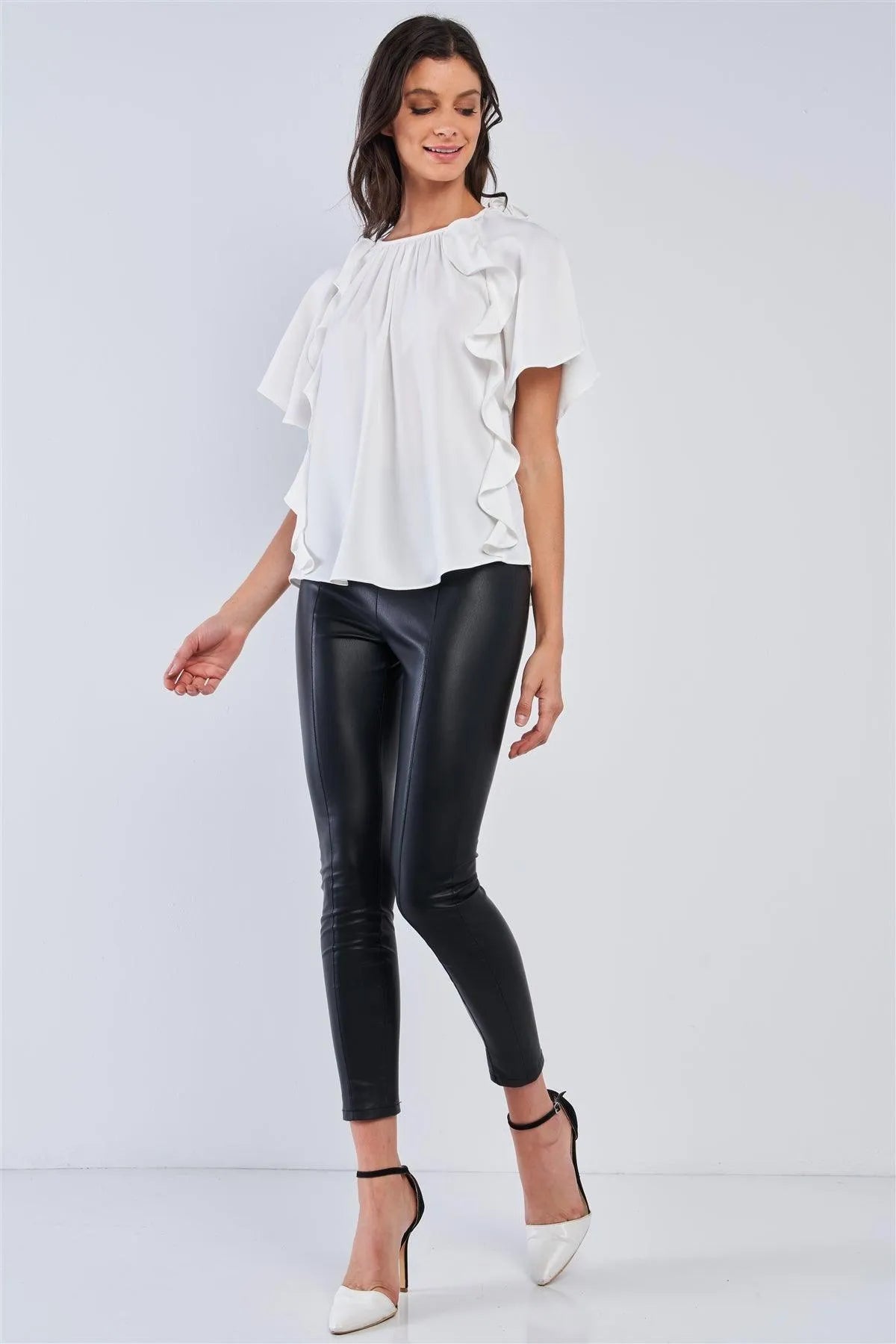 White Relaxed Fit Sleeveless Crew Neck One Shoulder Self-Tie Detail Mini Angel Wing Sleeve Ruffle Tunic Top /1-2-2-1 - Tasha Apparel Wholesale