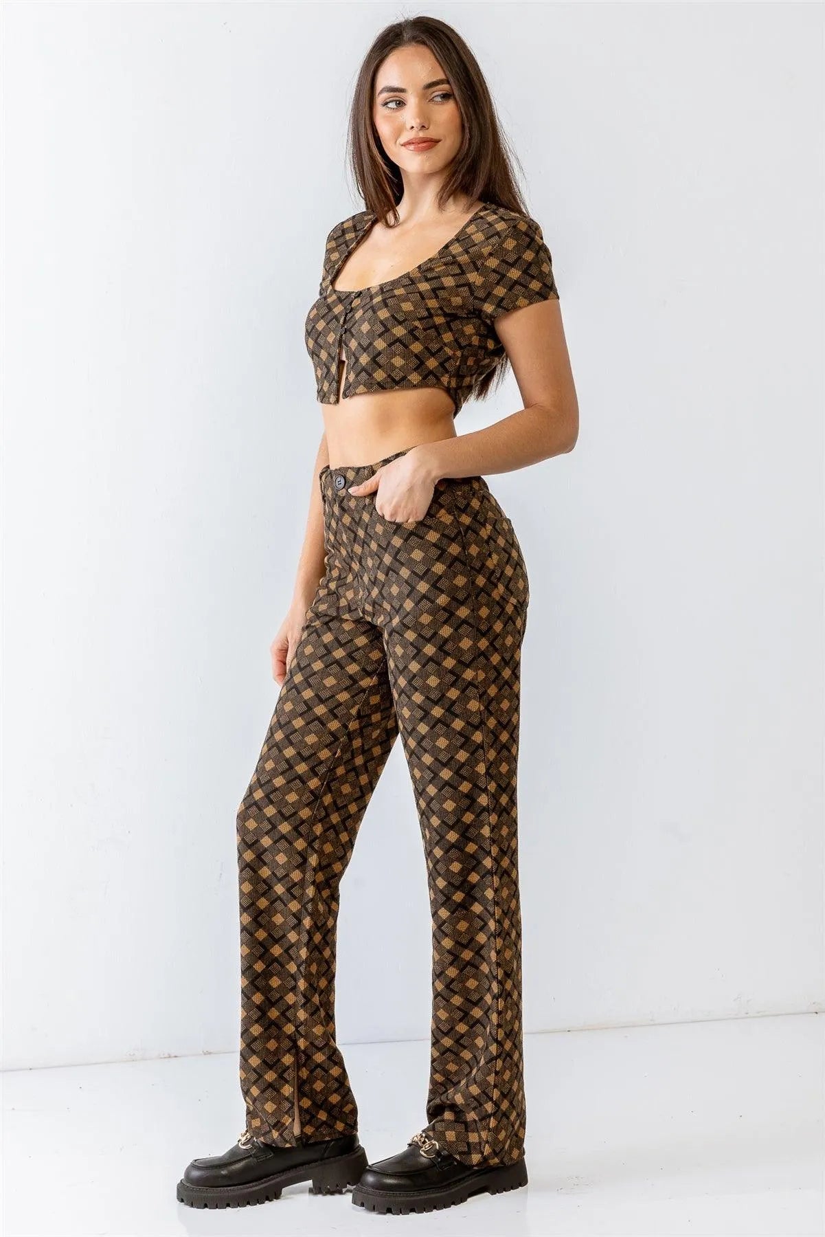Tan & Black Diamond Print Button Short Sleeve Crop Top & High Waist Four Pocket Pants Set /1-2-2-1 - Tasha Apparel Wholesale