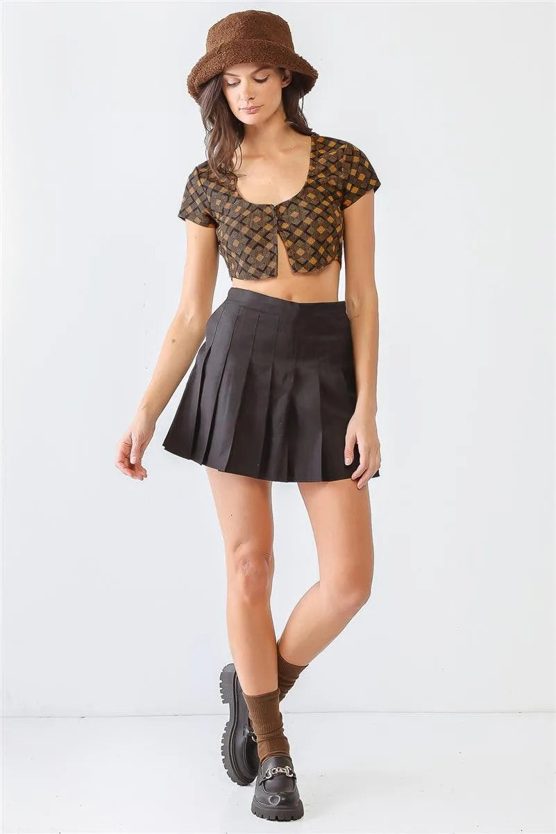 Tan & Black Diamond Print Button Short Sleeve Crop Top /1-2-2-1 - Tasha Apparel Wholesale