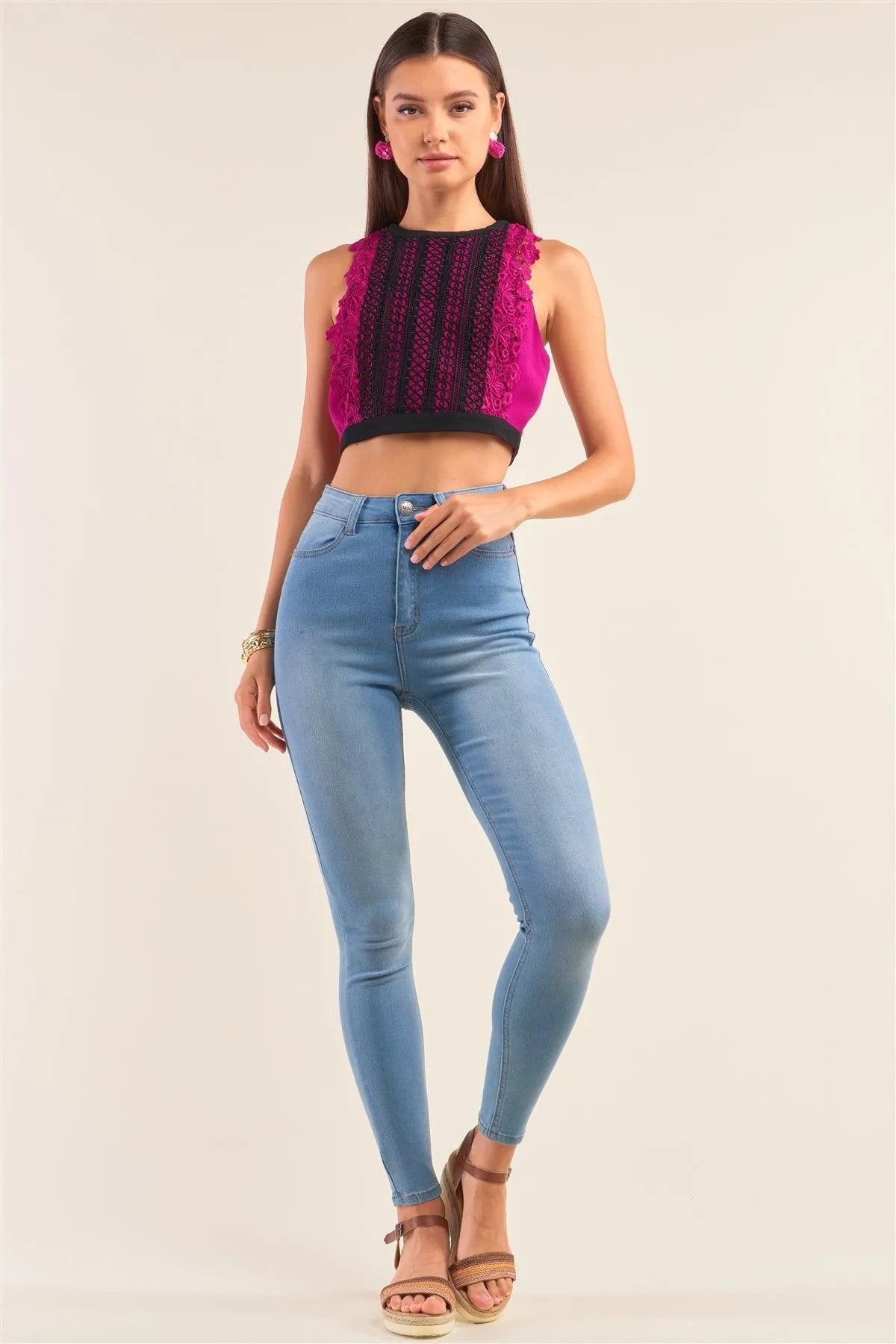 Dark Magenta Double Crochet Trim Front Detail Racer Back Sleeveless Crew Neck Cropped Top /1-2-2-1 - Tasha Apparel Wholesale
