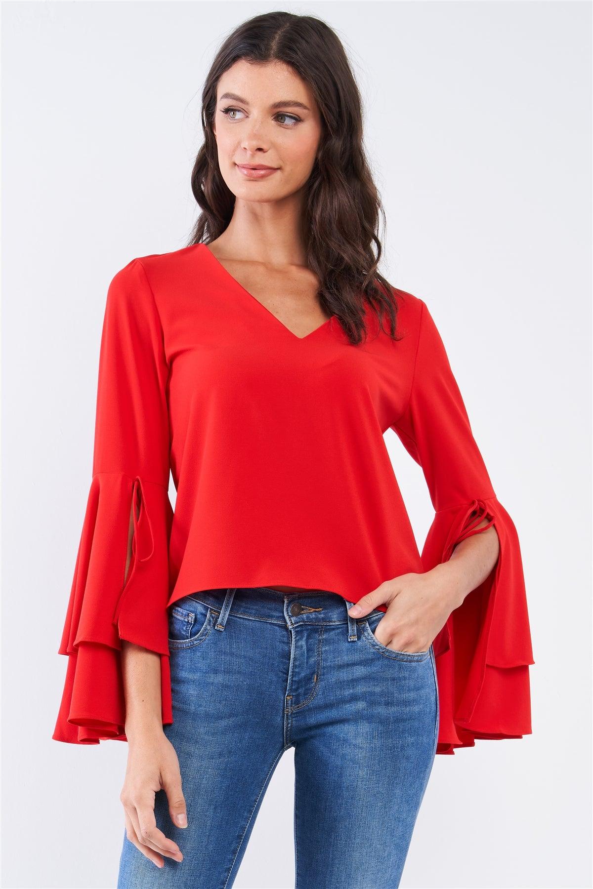 Crimson Red V-Neck Long Bluebell Slit Draw String Tie Double Frill Sleeve Top