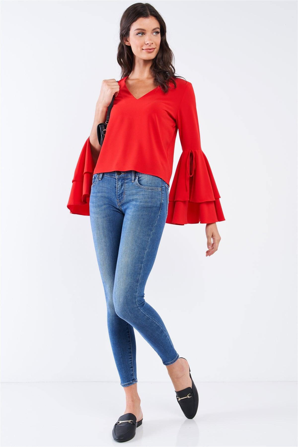 Crimson Red V-Neck Long Bluebell Slit Draw String Tie Double Frill Sleeve Top