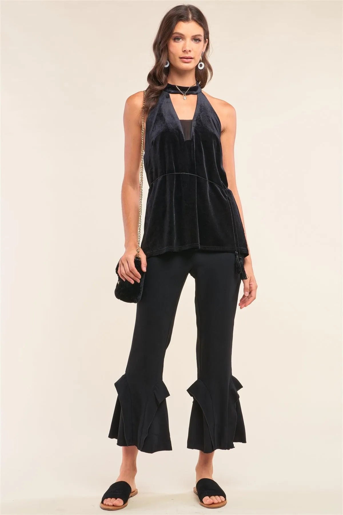 Black Velvet Sleeveless Halter Neck Mesh Detail Tassel Tip Support String Tie Open Back Top /1-1-2-1 - Tasha Apparel Wholesale
