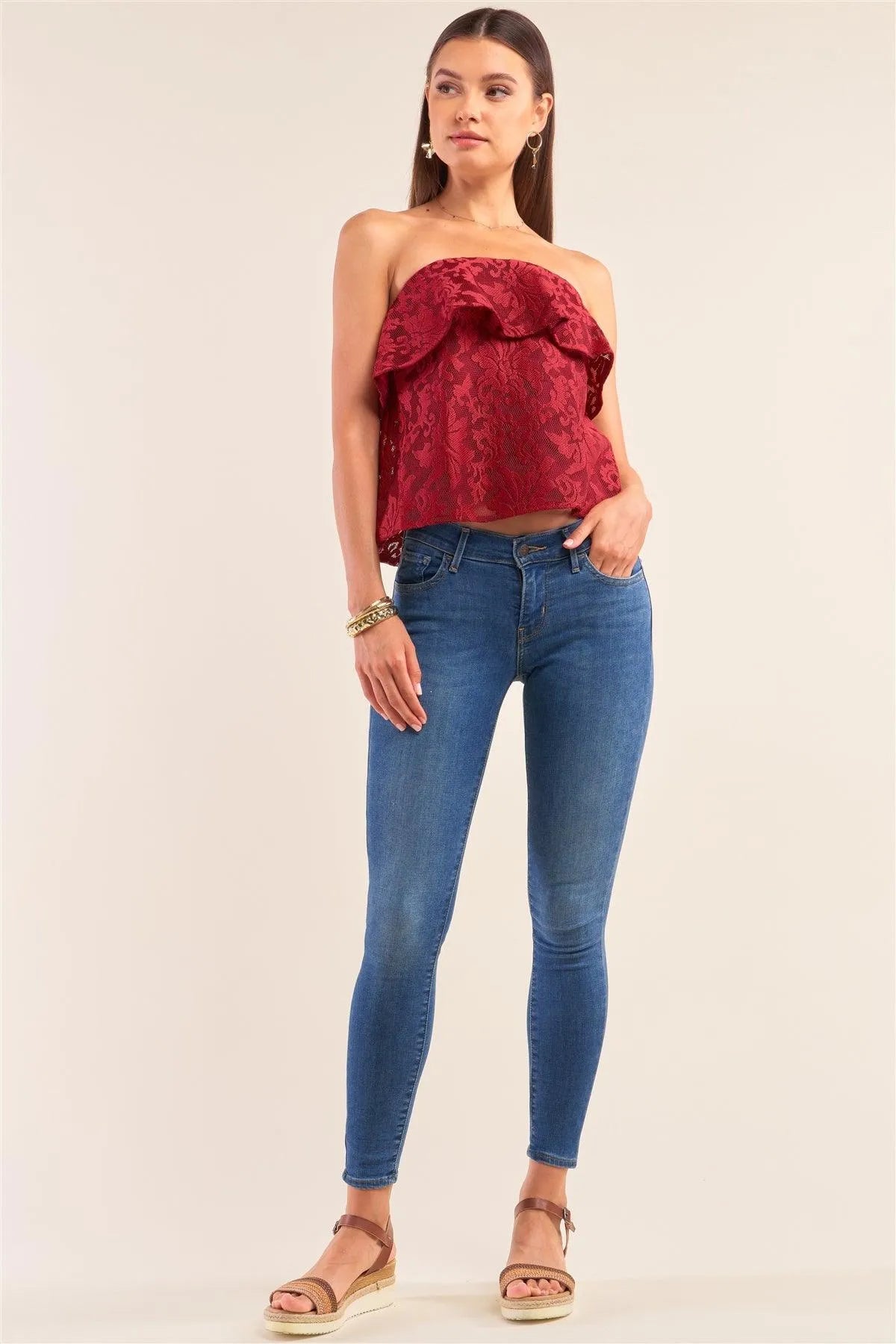 Wine Floral Lace Strapless Front Ruffle Crop Top /2-3-1 - Tasha Apparel Wholesale