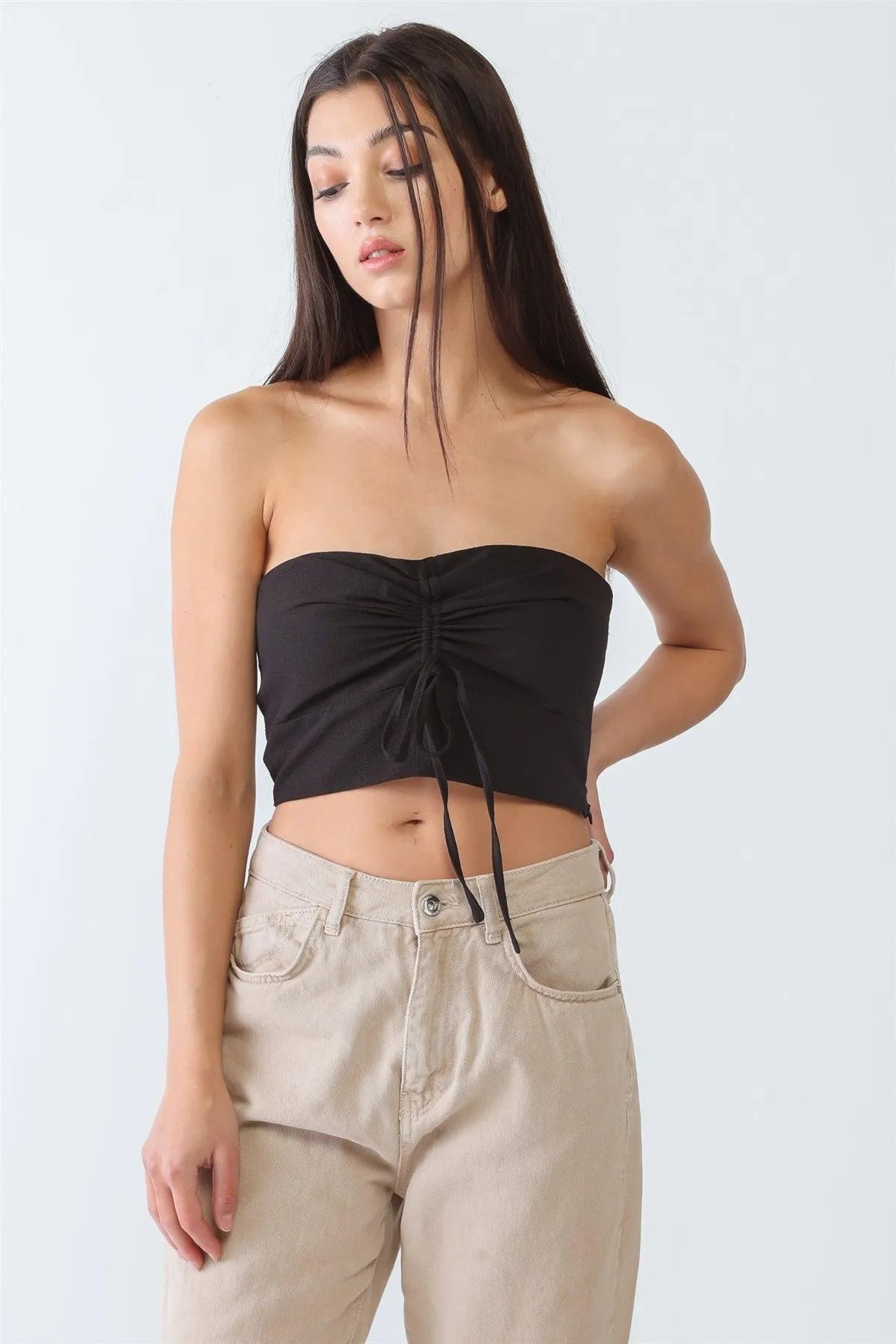 Black Textured Strapless Ruched Crop Top /3-2-1 - Tasha Apparel Wholesale