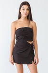 Black Textured Strapless Ruched Crop Top & High Waist Twist Mini Skirt Set /3-2-1