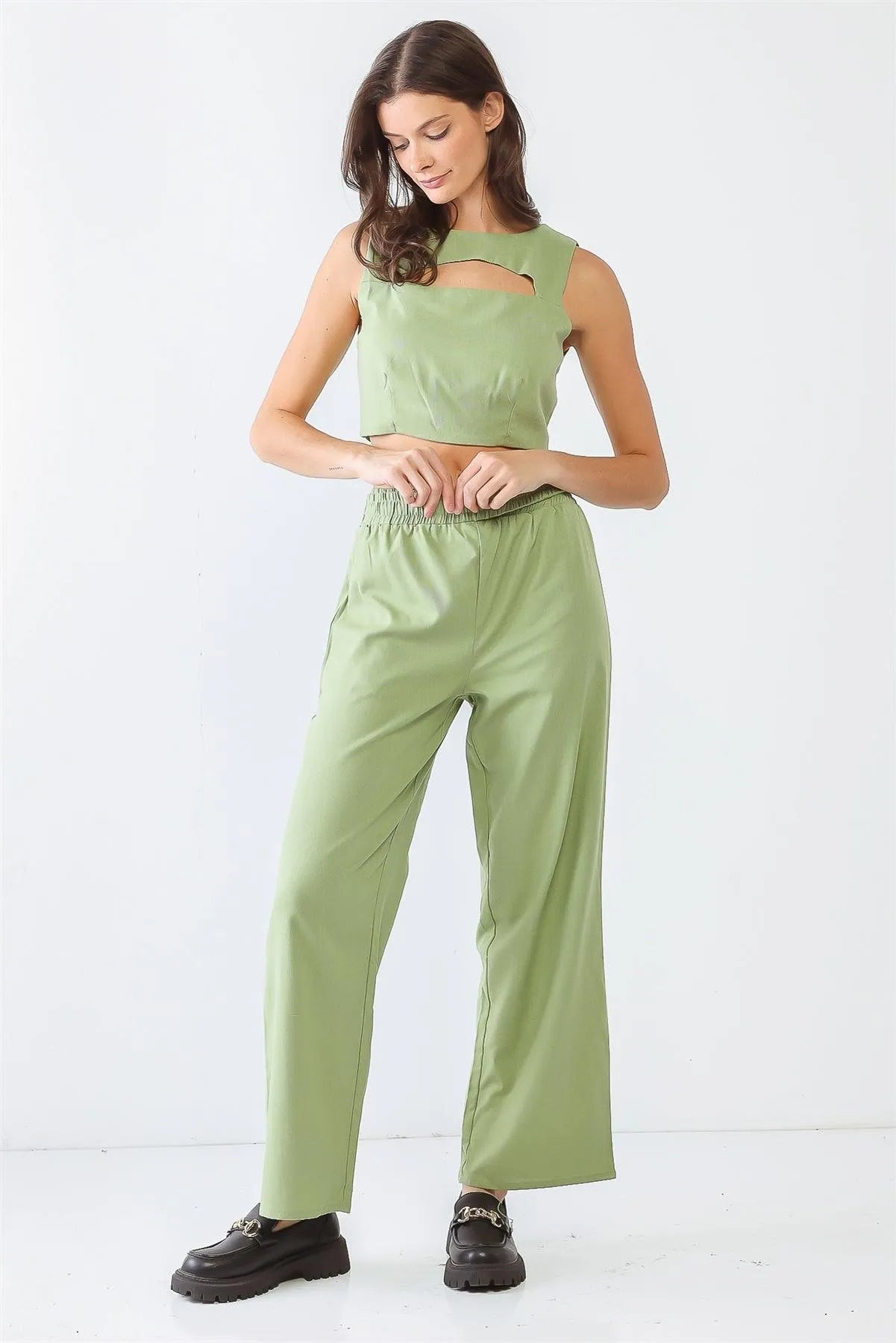 Green Sleeveless Cut-Out Crop Top & High Waist Pants Set /3-2-1 - Tasha Apparel Wholesale