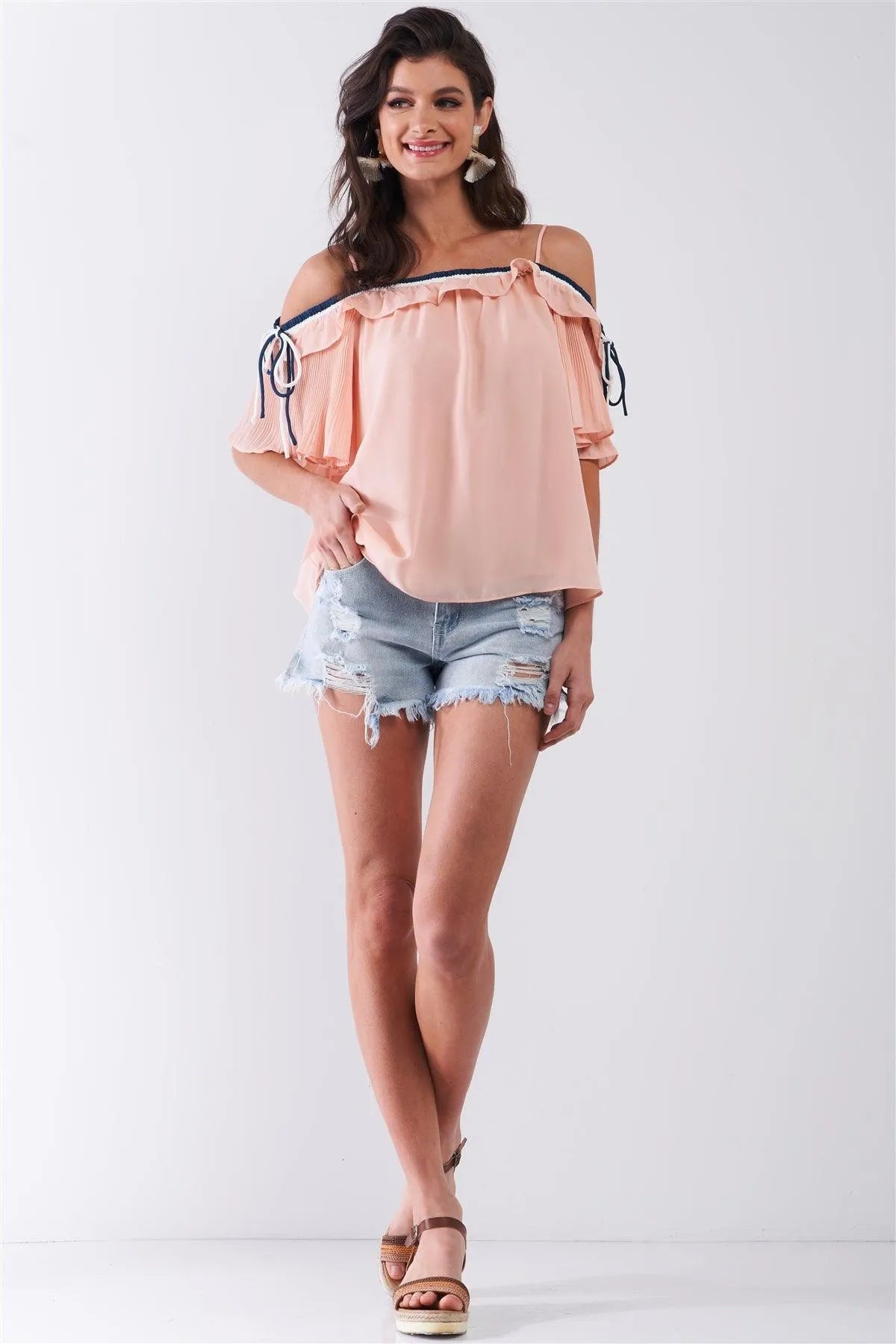 Blush Pink Off-The-Shoulder Short Pleated Sleeve Ruffle Trim Relaxed Top /1-2-2-1 - Tasha Apparel Wholesale