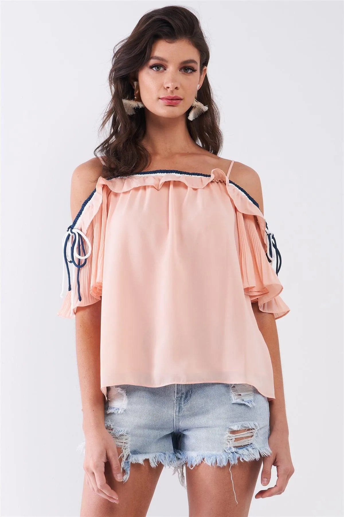 Blush Pink Off-The-Shoulder Short Pleated Sleeve Ruffle Trim Relaxed Top /1-2-3 - Tasha Apparel Wholesale