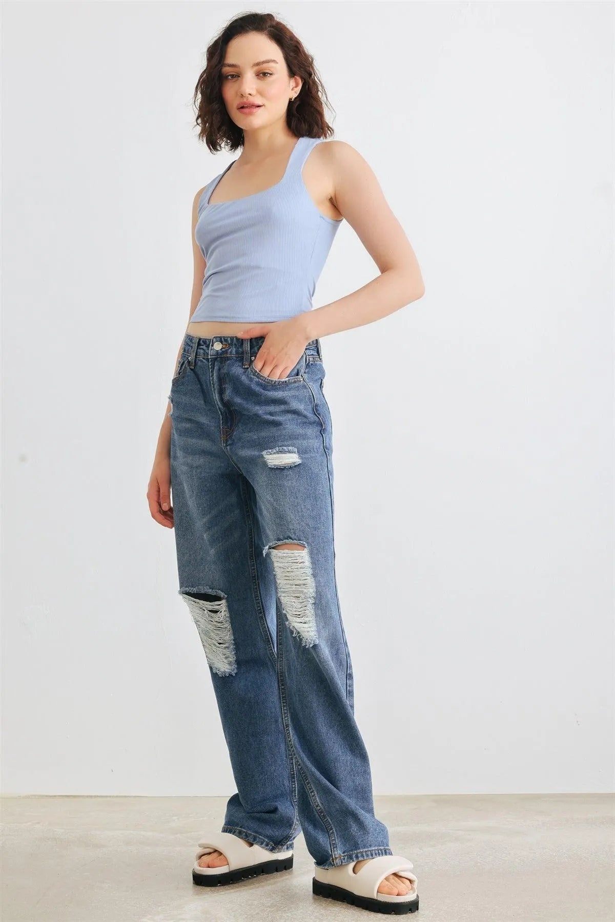 Blue Denim Five Pocket Distressed High Waist Jeans - Tasha Apparel Wholesale