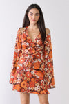 Rust Floral Print Satin V-Neck Ruched Long Sleeve Top & High Waist Mini Skirt Set /1-2-2-1