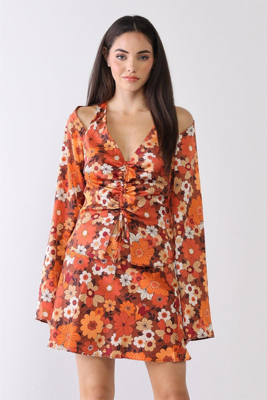 Rust Floral Print Satin V-Neck Ruched Long Sleeve Top & High Waist Mini Skirt Set /1-2-2-1