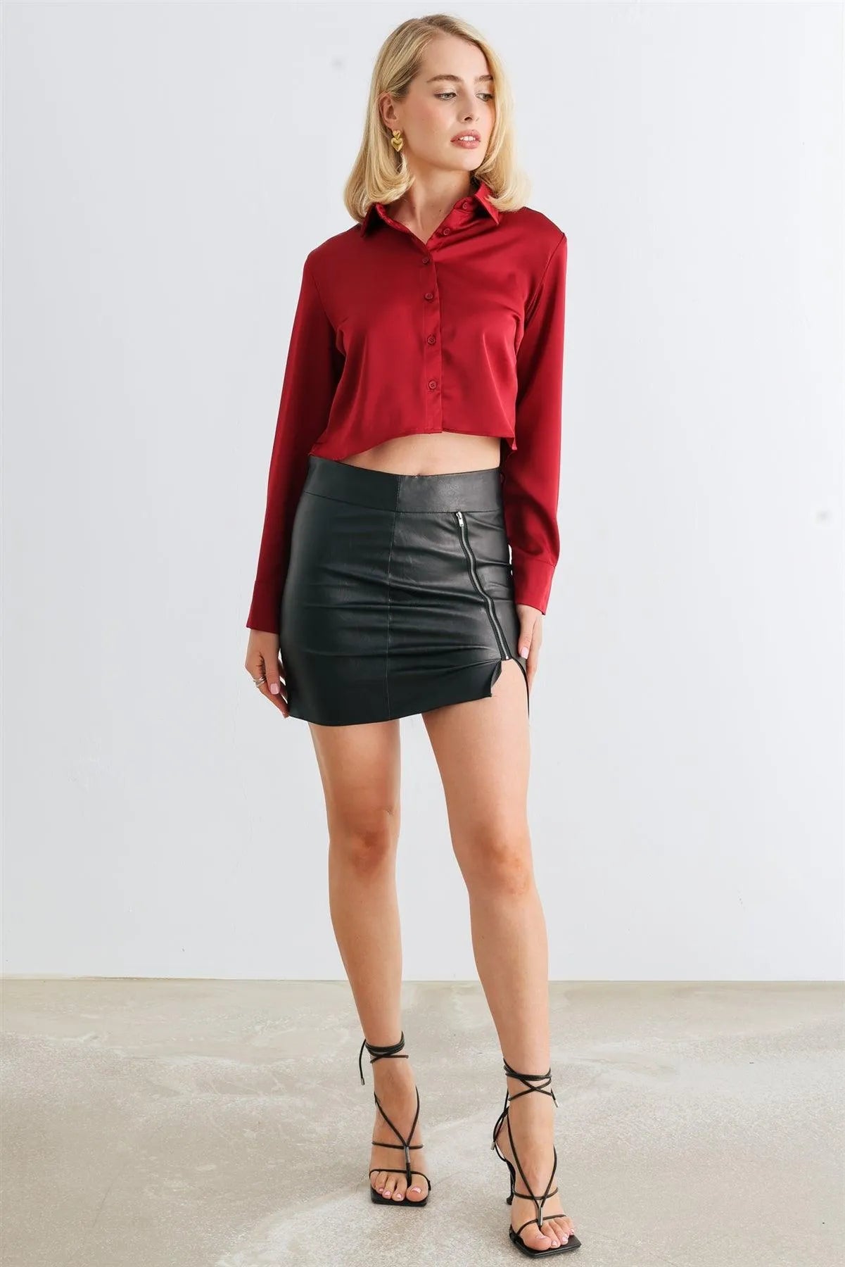 Crimson Satin Button-Up Collared Neck Long Sleeve Crop Top /1-2-2-1 - Tasha Apparel Wholesale