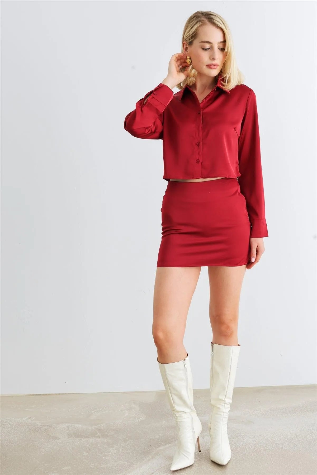 Crimson Satin Button-Up Collared Neck Long Sleeve Crop Top & High Waist Mini Skirt Set /1-2-2-1 - Tasha Apparel Wholesale
