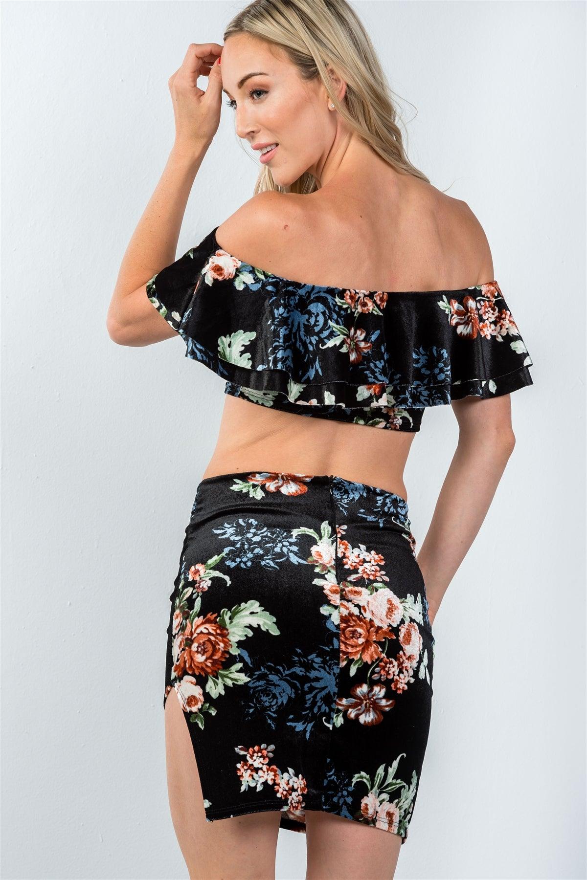 Black Strapless Ruffle Crop Top and Mini Skirt With Thigh Split /2-2-1