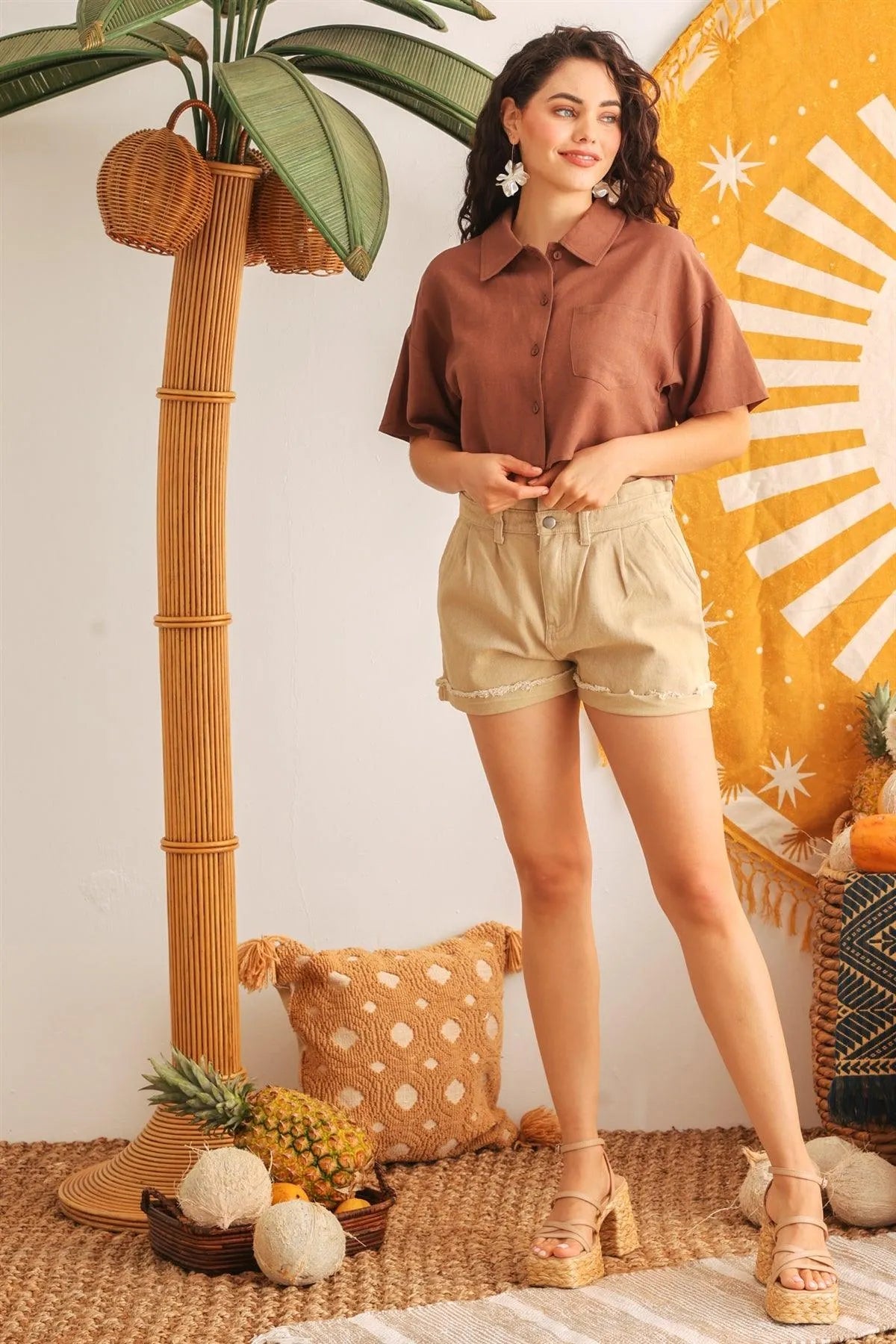 Brown Woven Button-Up Short Sleeve Collared Neck Crop Shirt /1-2-2-1 - Tasha Apparel Wholesale