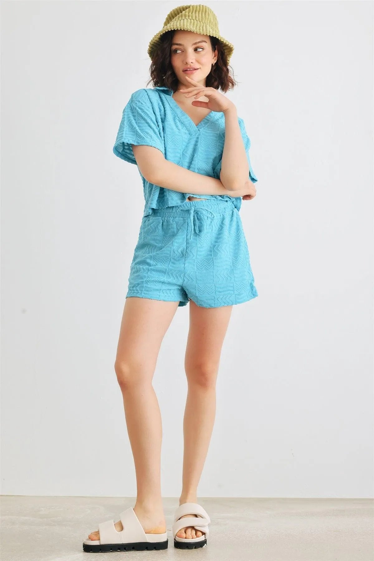 Teal Blue Printed Collar Neck Short Sleeve Crop Top & High Waist Two Pocket Shorts Set /1-2-2-1 - Tasha Apparel Wholesale