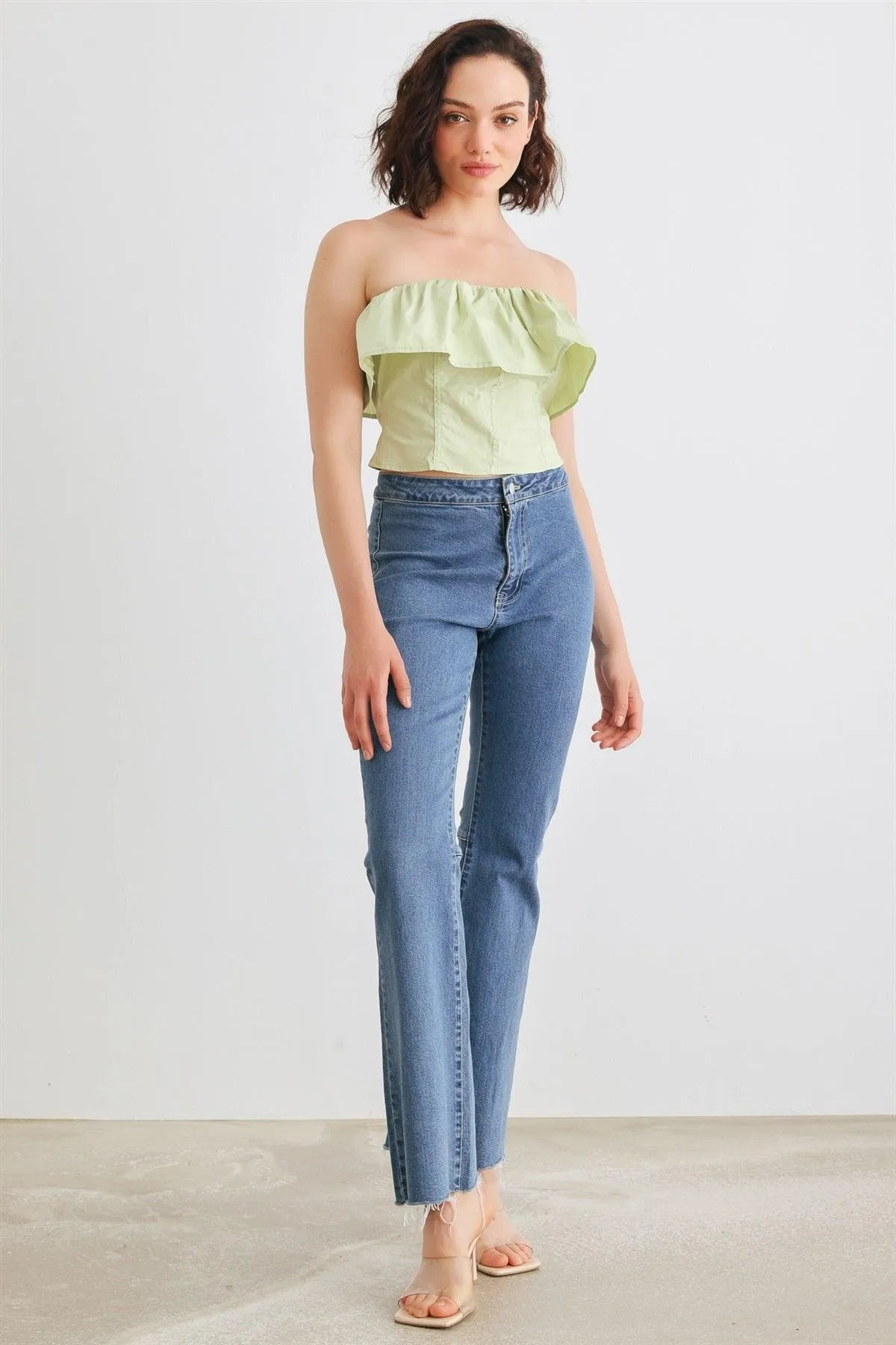 Light Green Cotton Strapless Flare Detail Corset Tube Crop Top /1-2-2-1 - Tasha Apparel Wholesale