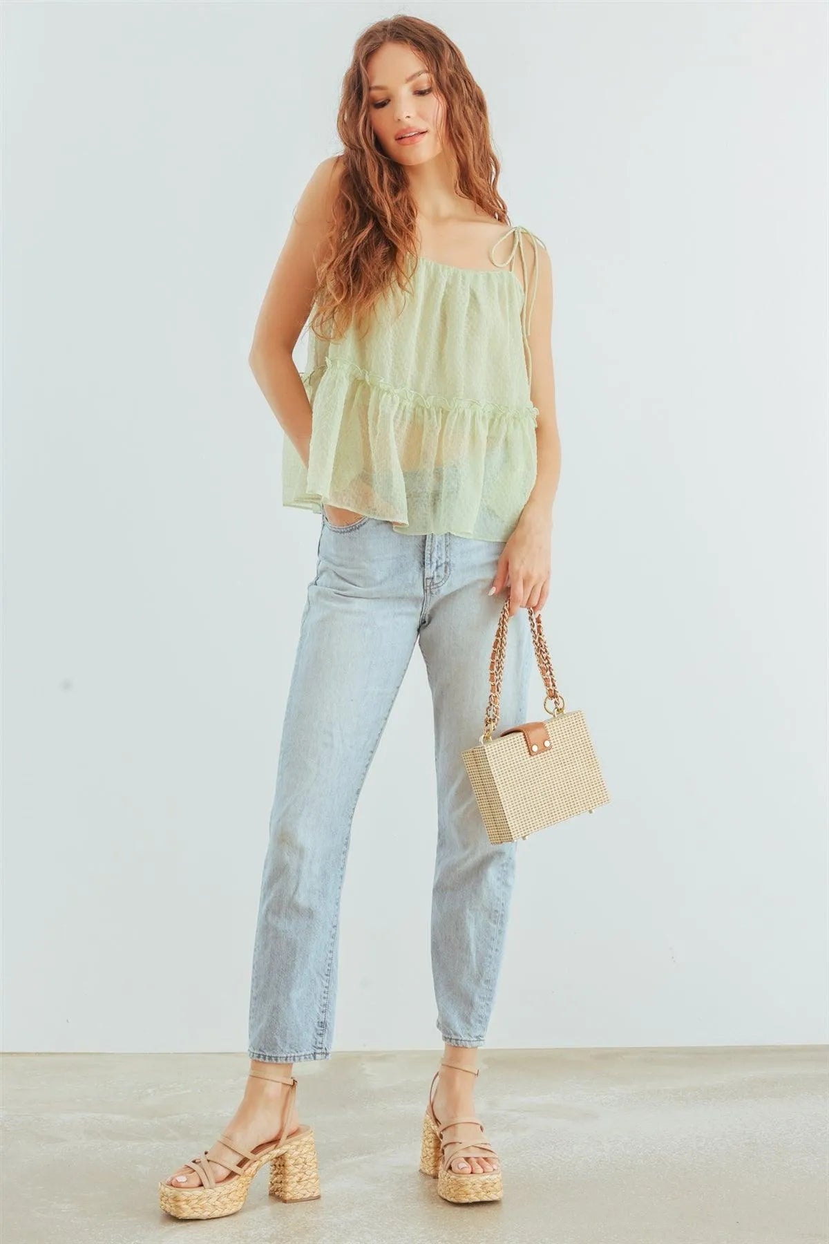 Light Green Ruffle Strappy Flare Hem Top /1-2-2-1 - Tasha Apparel Wholesale