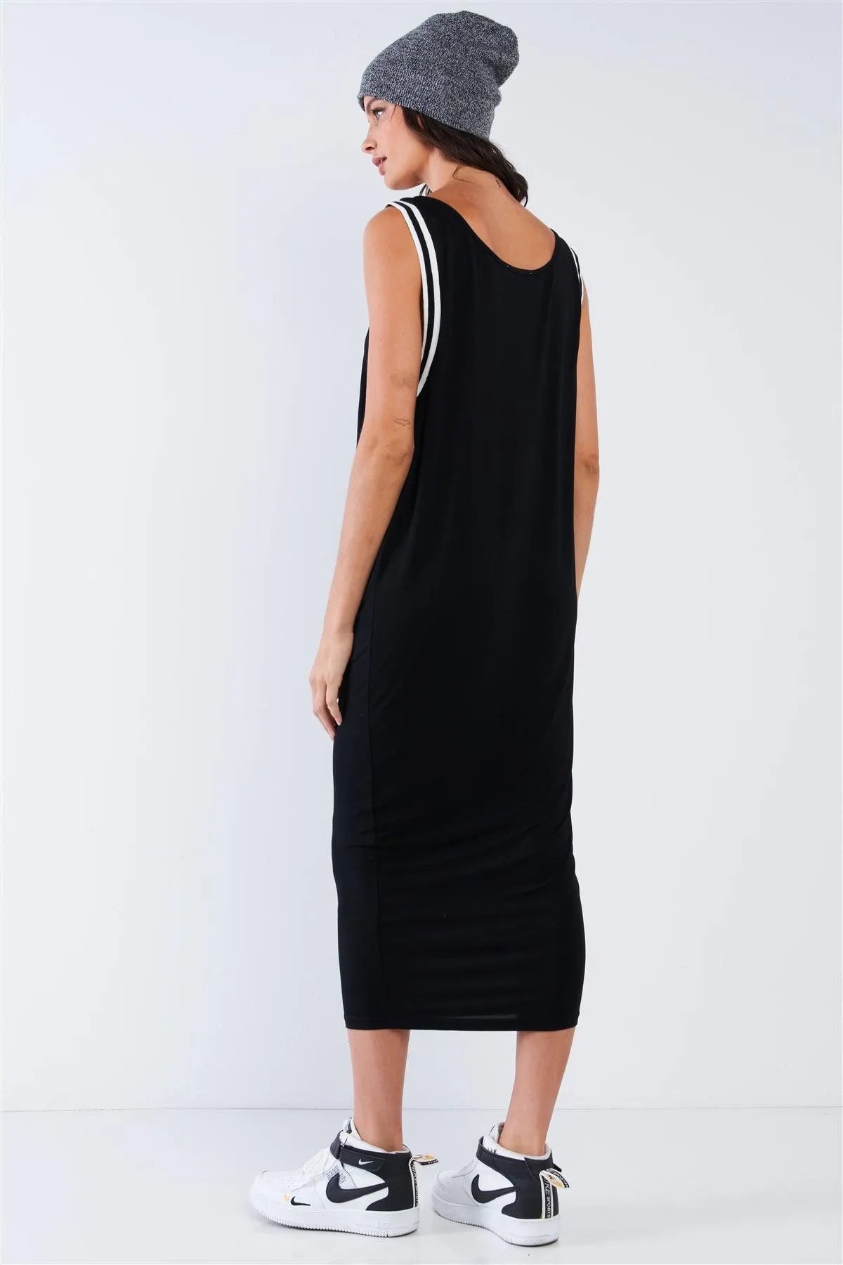 Sporty Sleeveless Stripe Ribbed Crew Neck Lose Fit Maxi Dress /1-2-2-1 - Tasha Apparel Wholesale