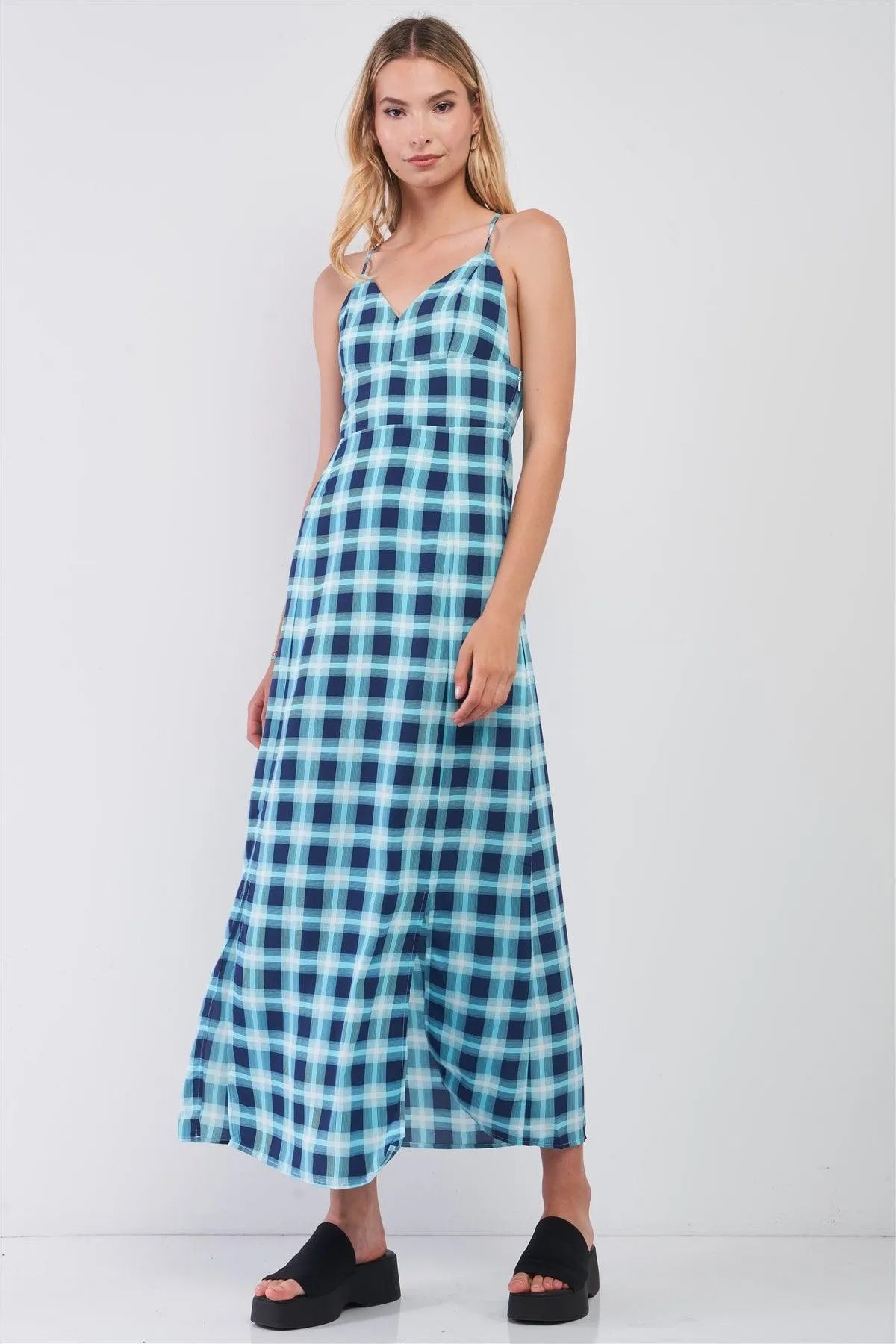 Aqua Glen Check Print Sleeveless V-Neck Criss-Cross Back Detail Slit Sides Maxi Dress /1-2-2-1 - Tasha Apparel Wholesale