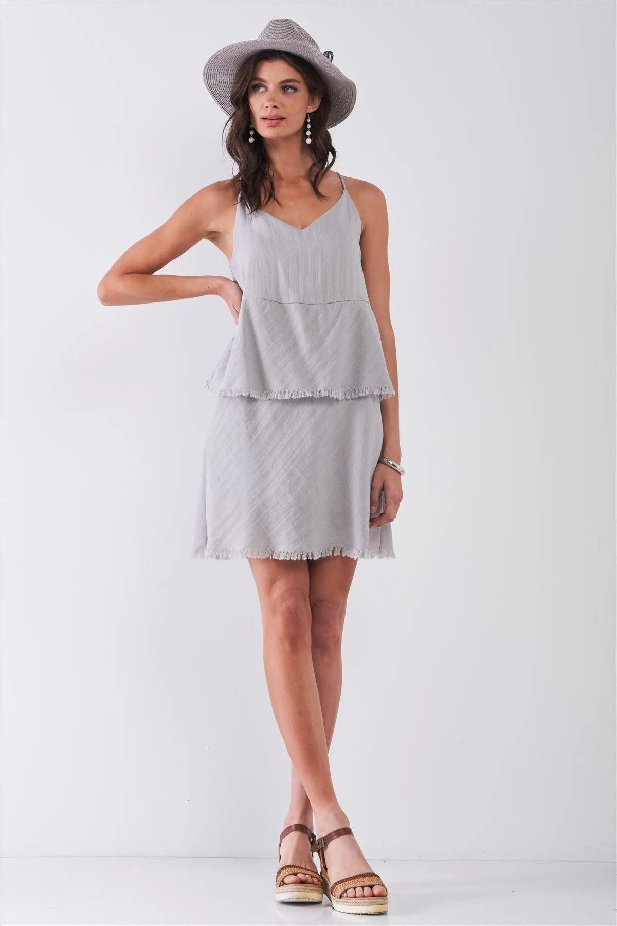 Light-Grey Sleeveless V-Neck Layered Raw Hem Mini Dress /1-2-2-1 - Tasha Apparel Wholesale