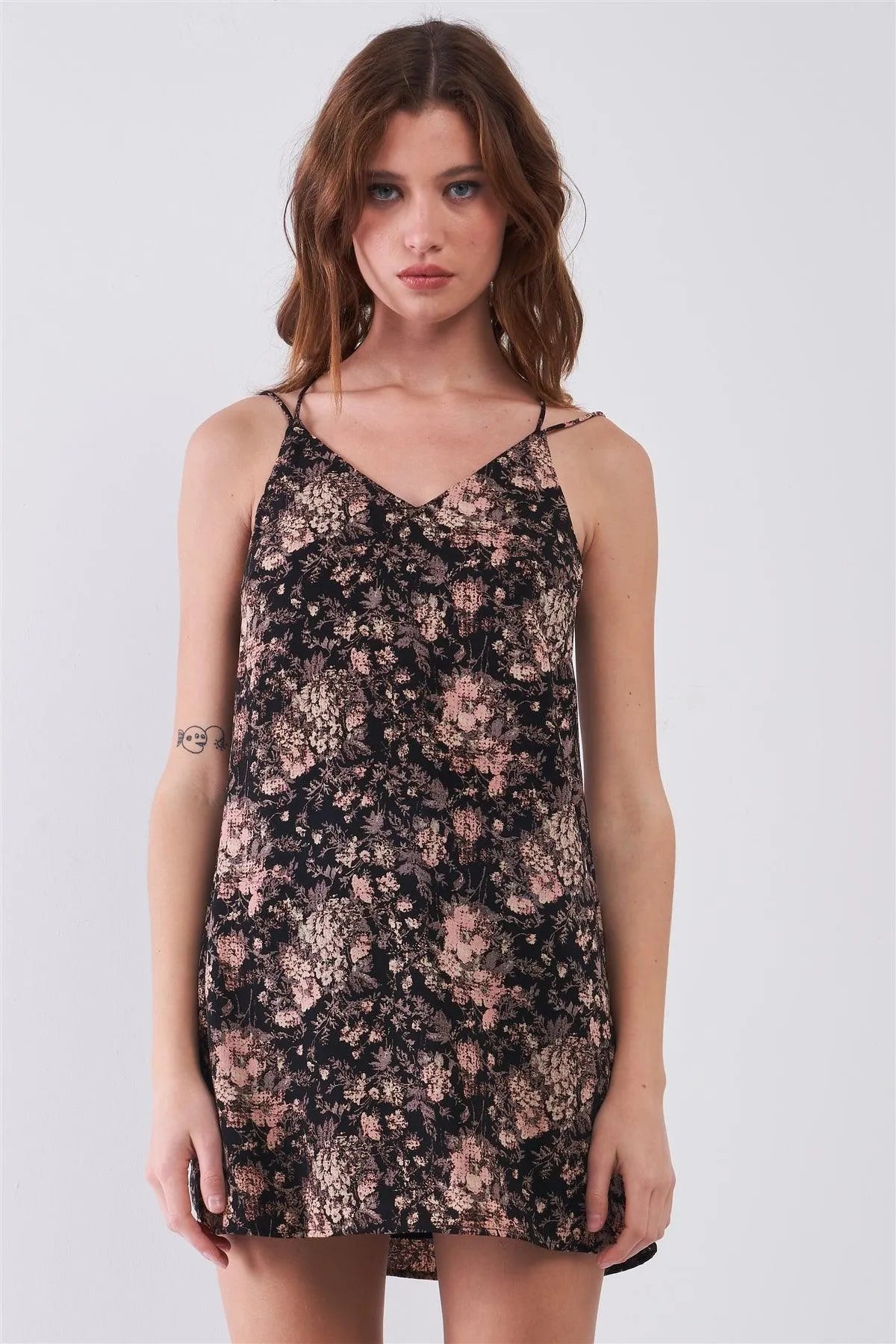 Black Sleeveless Burnt Effect Floral Print Lace Mesh Detail Racer Back Loose Mini Dress /1-1-2-1 - Tasha Apparel Wholesale