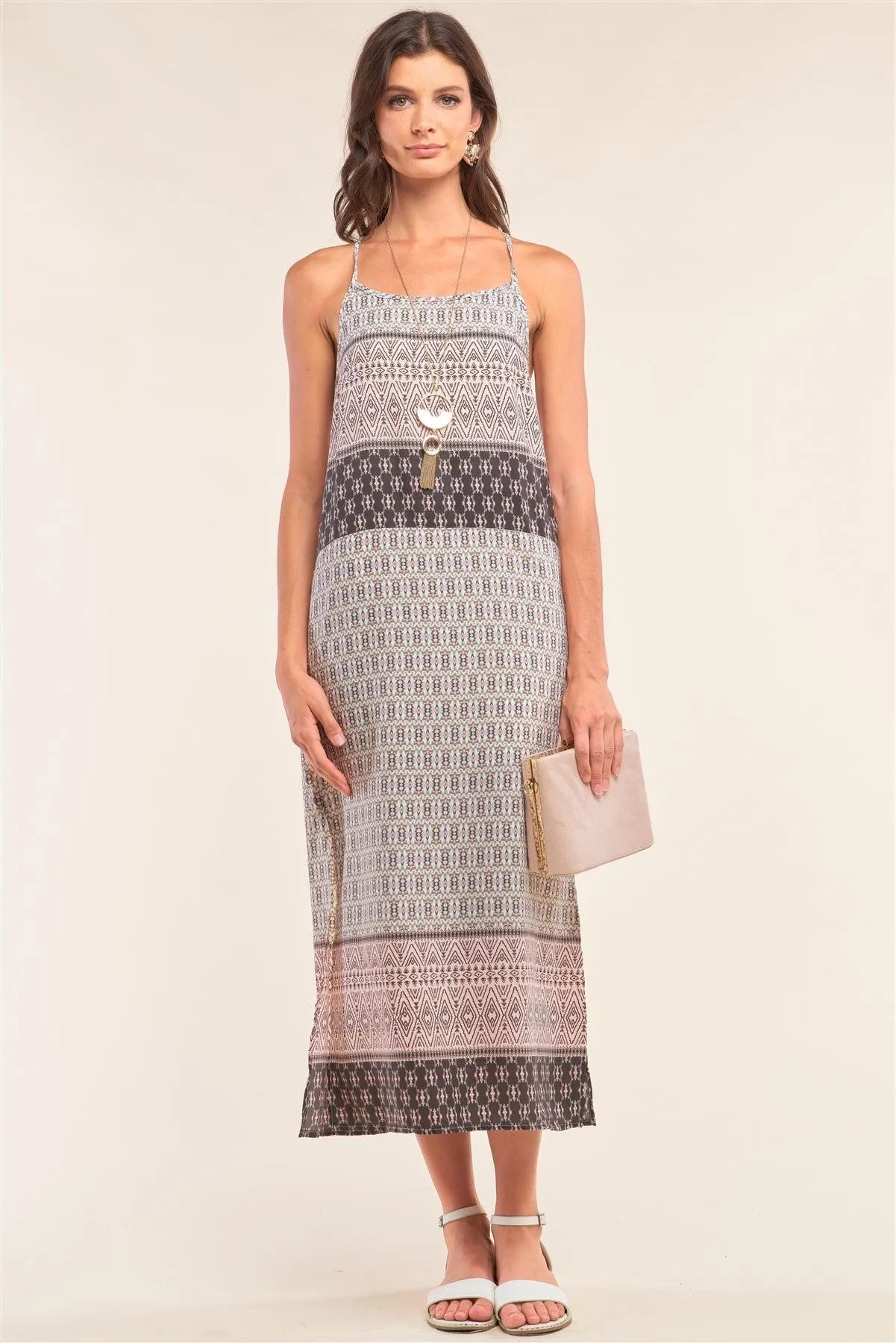 Dust Pink Tribal Print Two Side Slit Sleeveless Maxi Dress /1-3-2 - Tasha Apparel Wholesale