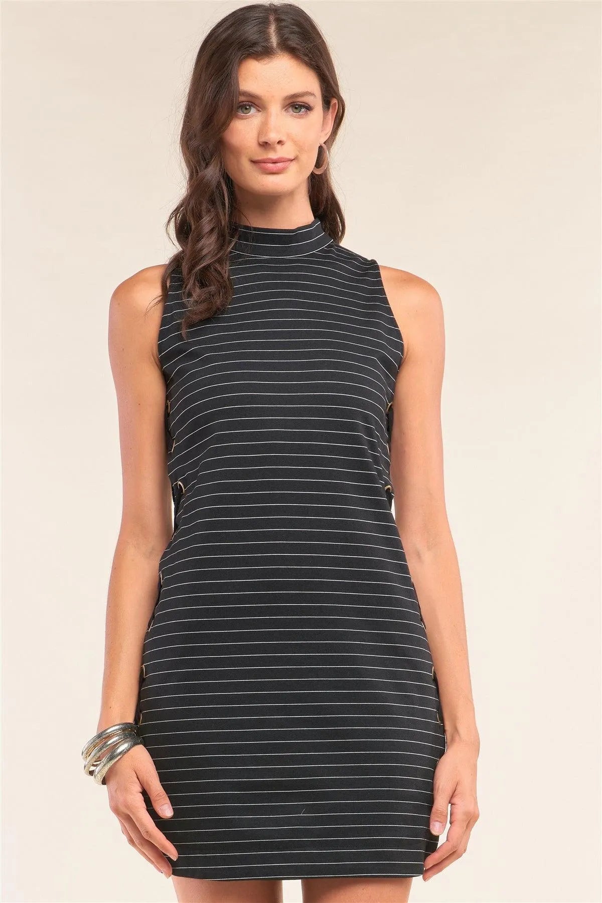 Black Striped Sleeveless Turtleneck Tight Fit Criss-Cross Lace-Up Detail Mini Dress /1-2-3-1 - Tasha Apparel Wholesale