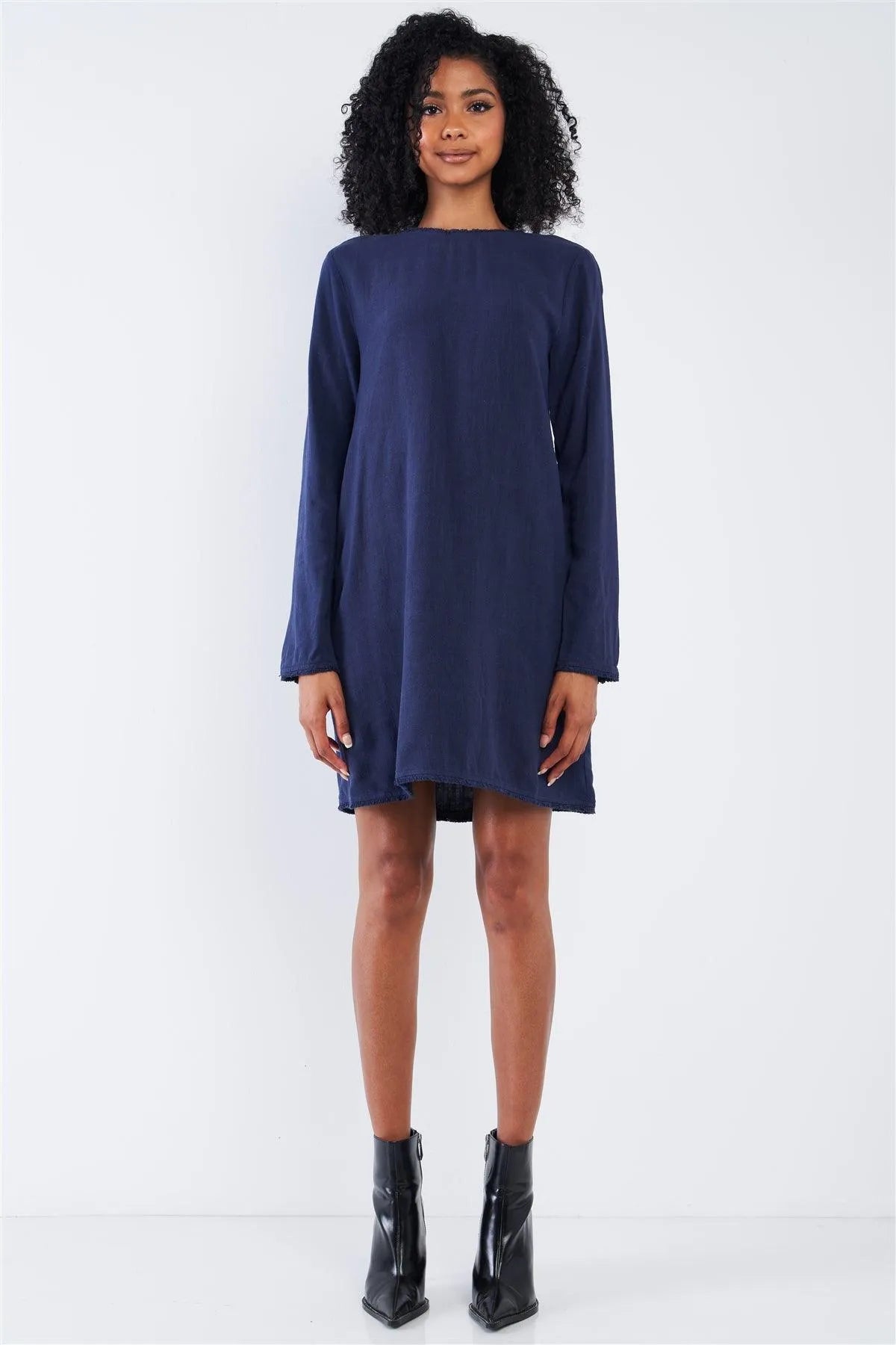 Plain Navy Blue Linen Shredded Detail Hem Round Neck Relaxed Fit Long Sleeve Mini Dress /1-2-2-1 - Tasha Apparel Wholesale