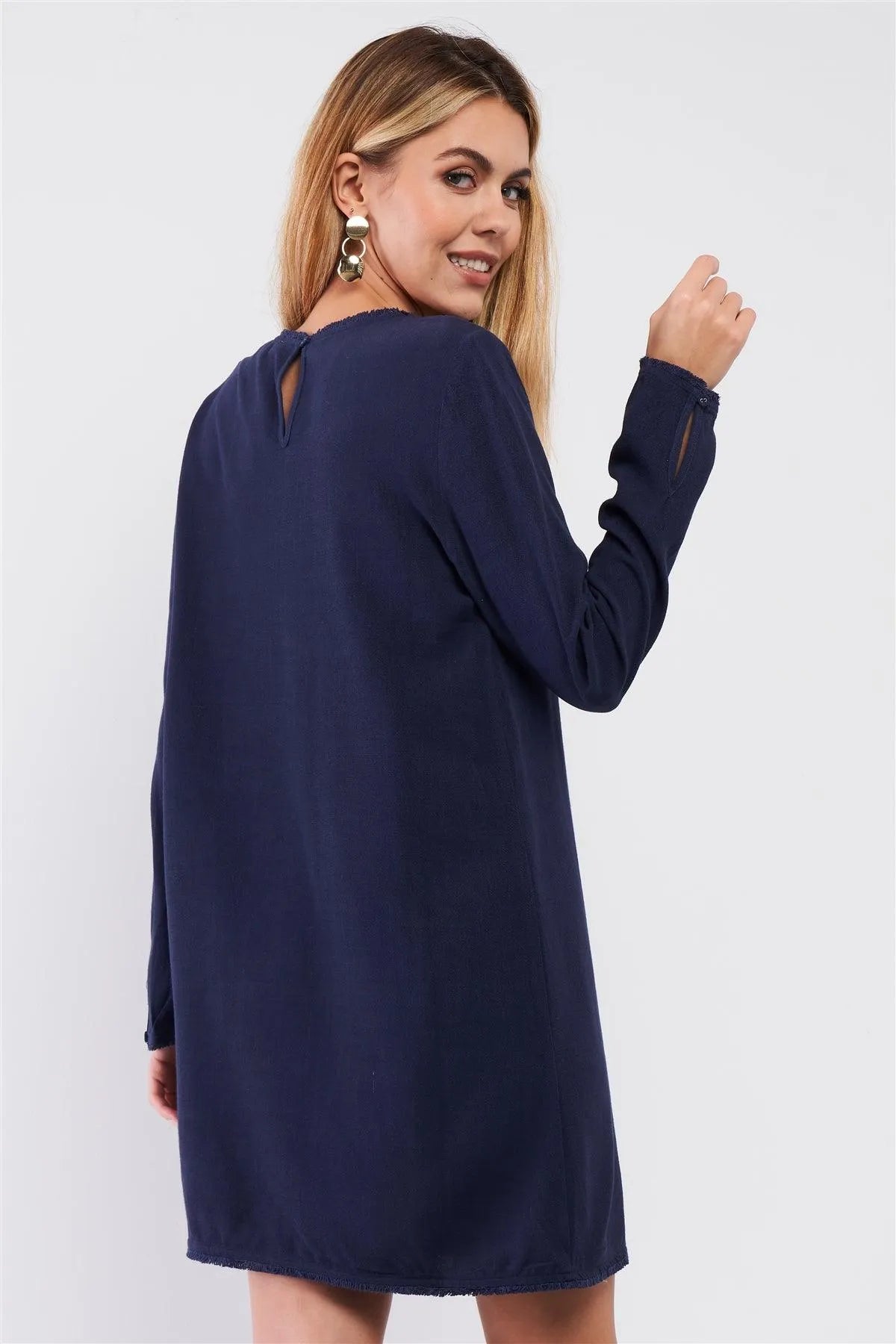 Blue Linen Shredded Hem Round Neck Relaxed Fit Long Sleeve Mini Dress - Tasha Apparel Wholesale