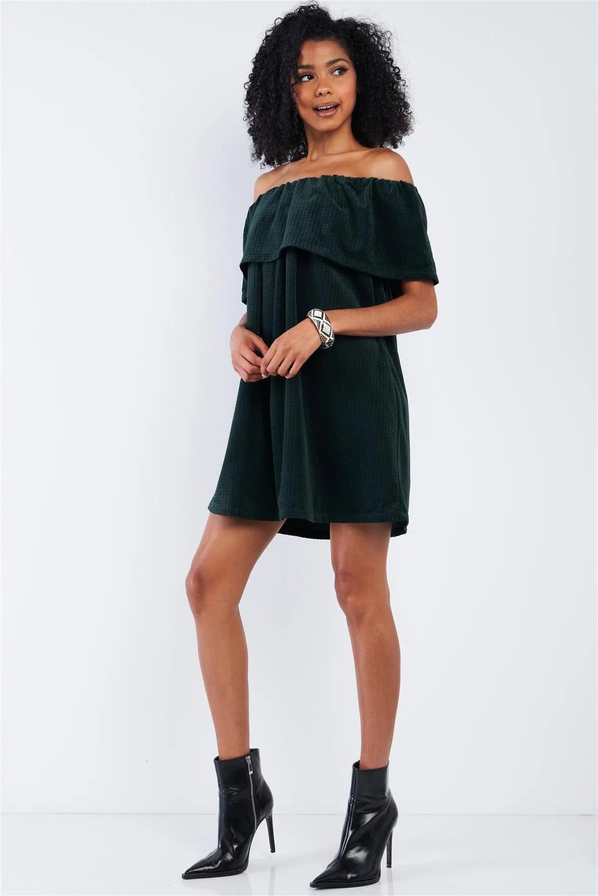 Forest Green Velvet Hounds Tooth Print Off The Shoulder Mini Dress /1-2-3-1 - Tasha Apparel Wholesale