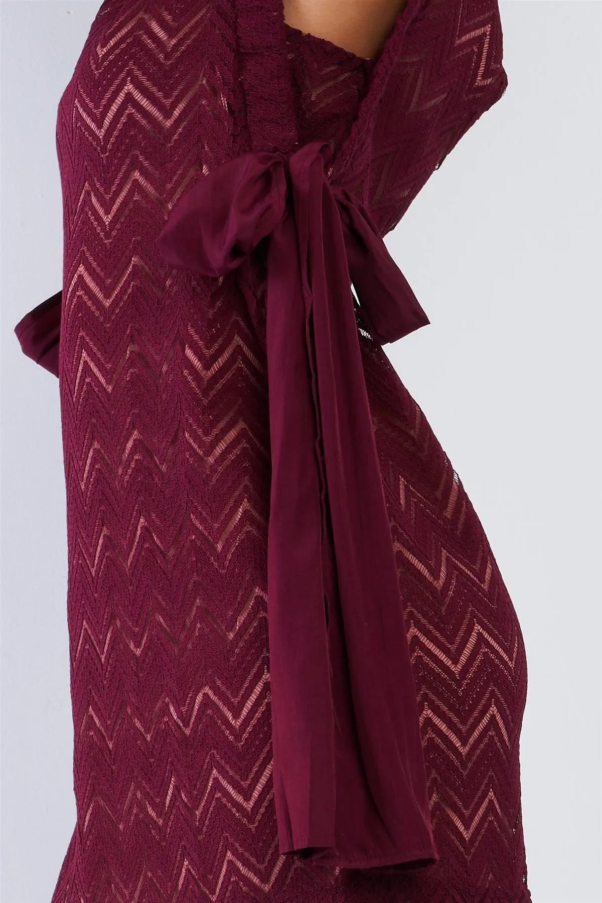 Wine Red Crochet Sleeveless Scoop Neck Lined Mini Dress With Ribbon Draw String Tie Accents - Tasha Apparel Wholesale