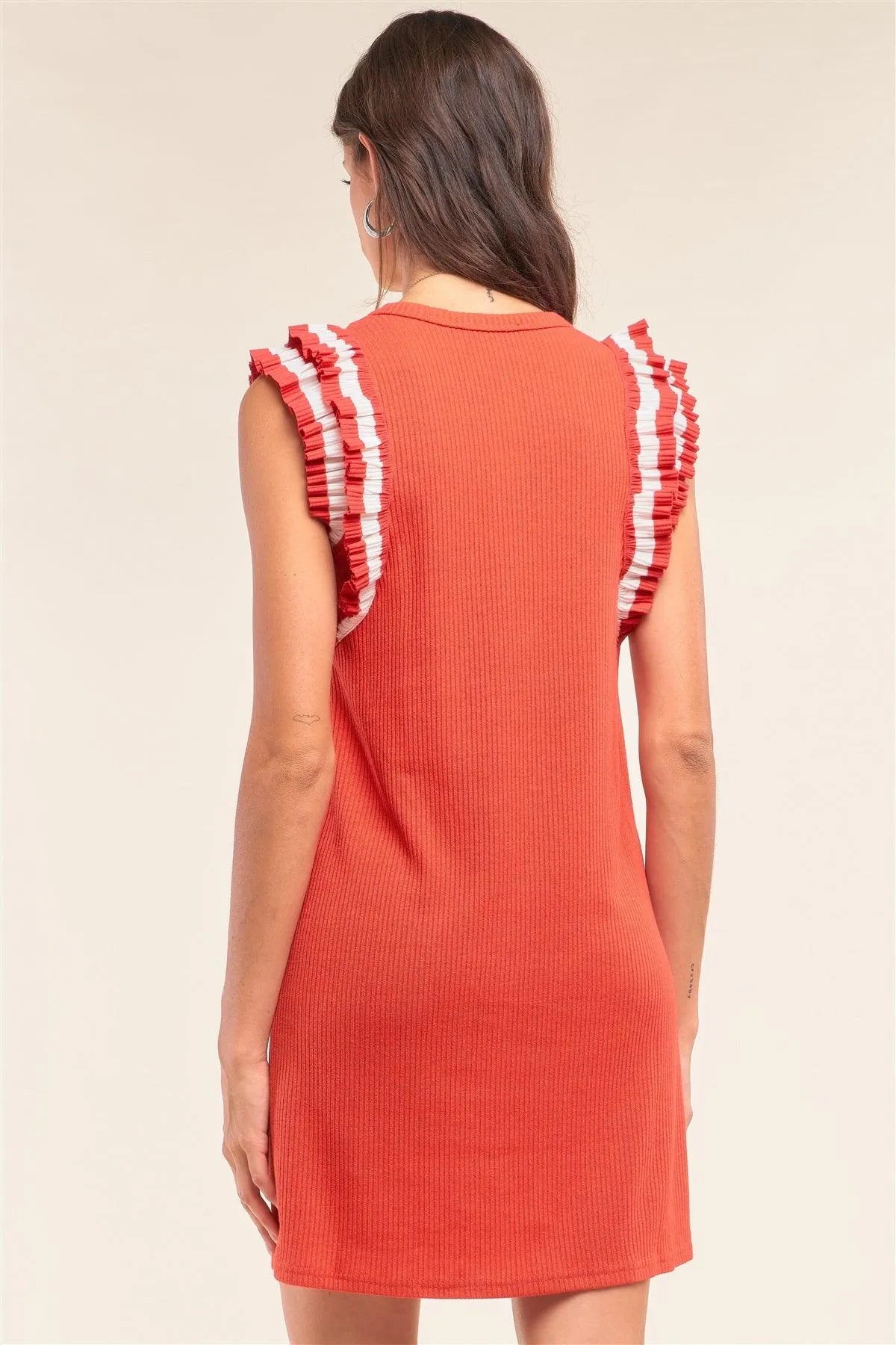 Red Sleeveless Ribbed Crew Neck Ruffle Detail Fitted Vest Mini Dress /1-2-2-1 - Tasha Apparel Wholesale