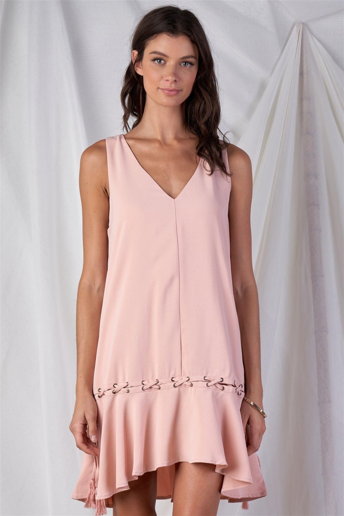 Blush Pink Loose Fit V-Neck Sleeveless Cross Thread Ruffle Bottom Draw String Tassel Tie Hem Mini Dress
