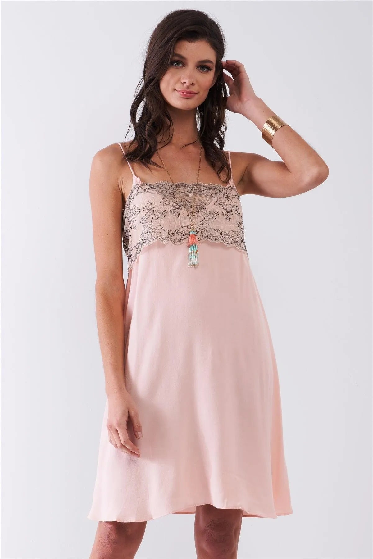Pink V-Neck Floral Lace Mesh Relaxed Slip Mini Dress Pink V-Neck Floral Lace Mesh Relaxed Slip Mini Dress