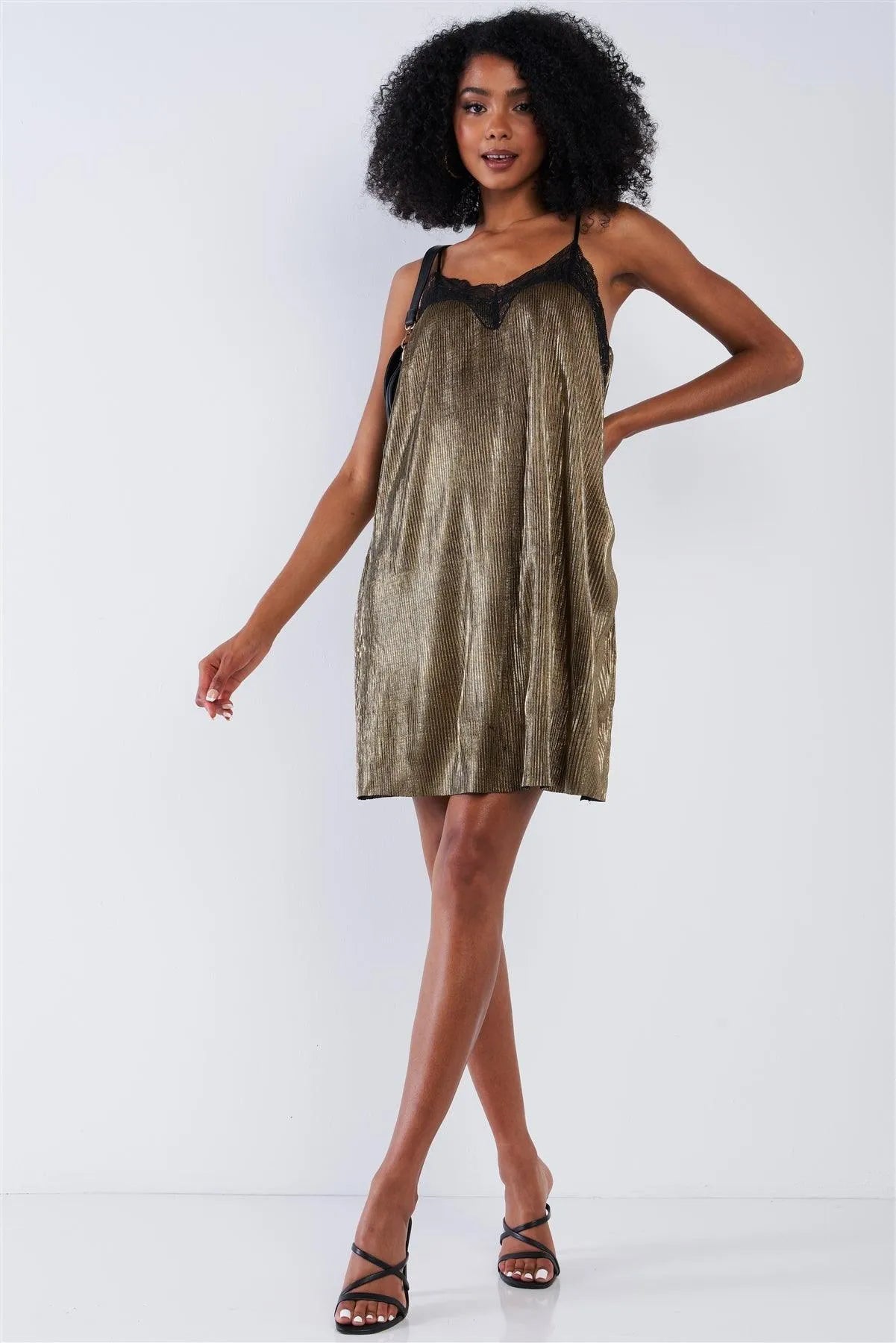 Dancing Queen Gold Pleated Loose Fit Stretchy Sleeveless V-Neck Black Lace Upper Hem Mini Dress - Tasha Apparel Wholesale