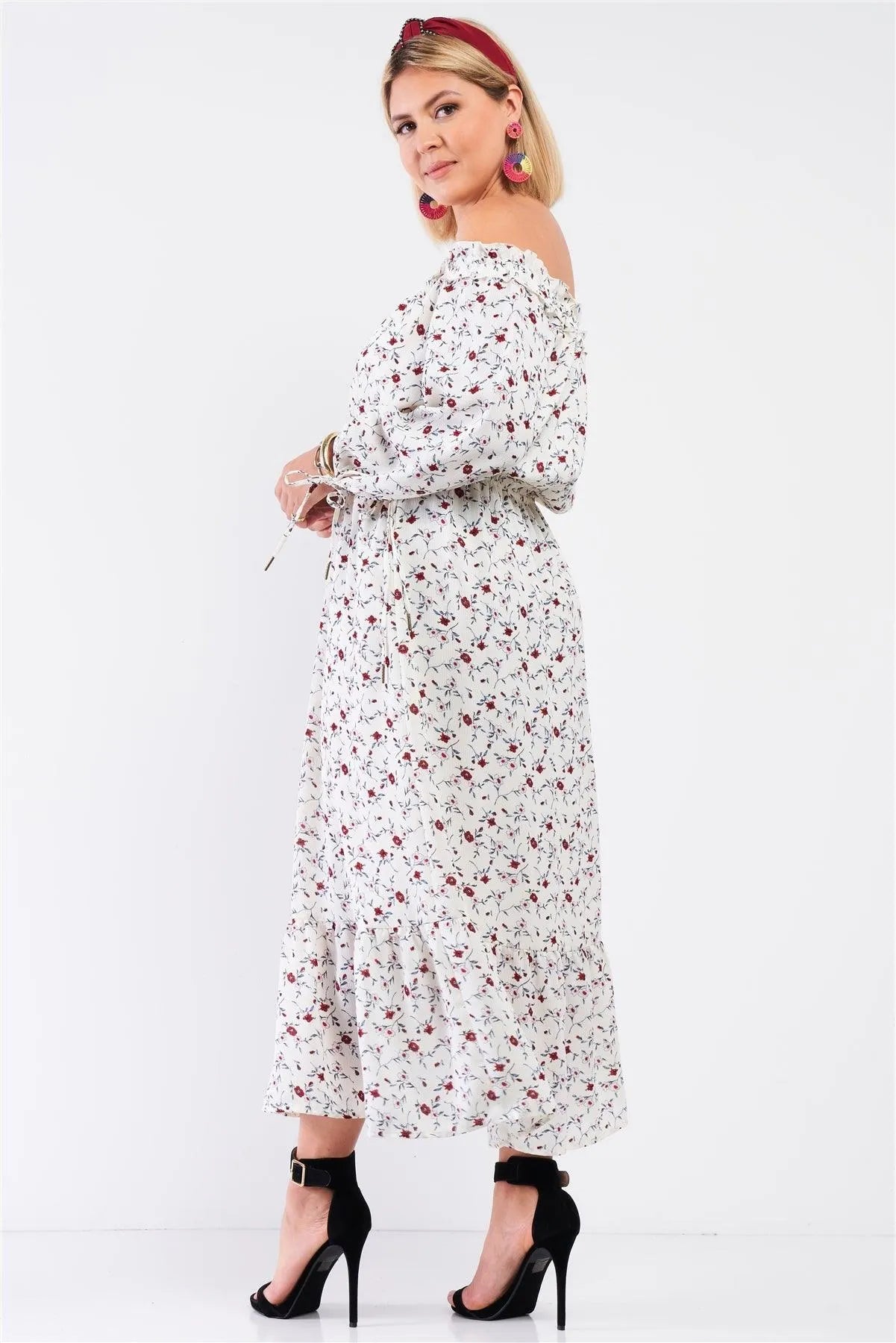 Cream Multi Floral Boho Off The Shoulder Ruffle Hem Maxi Dress - Tasha Apparel Wholesale