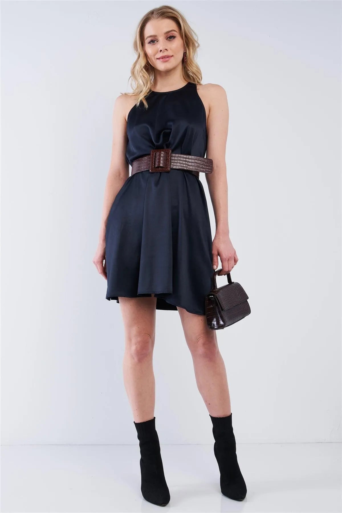 Solid Navy Blue Satin Front Cloth Back Sleeveless Loose Fit Mini Dress /2-3-2-1 - Tasha Apparel Wholesale