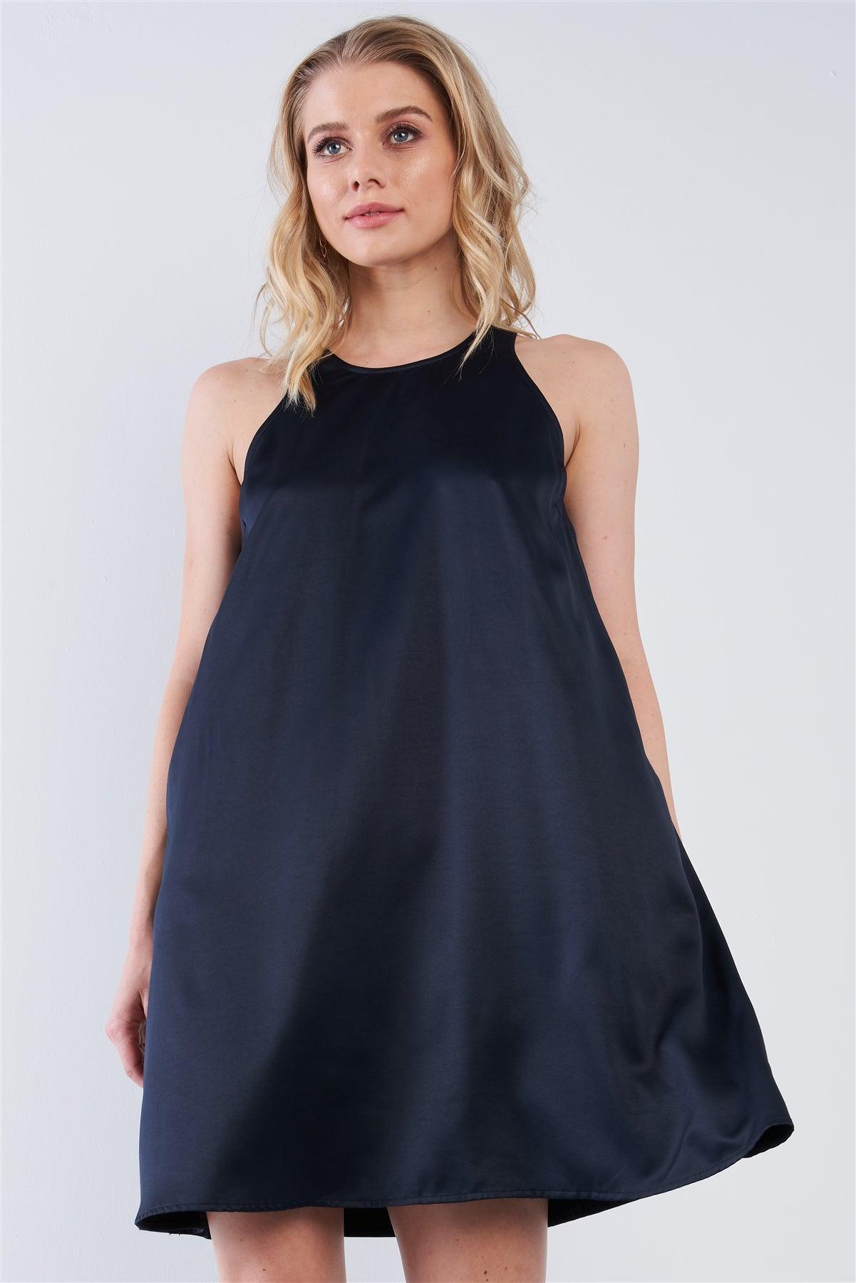 Solid Navy Blue Satin Front Cloth Back Sleeveless Loose Fit Mini Dress