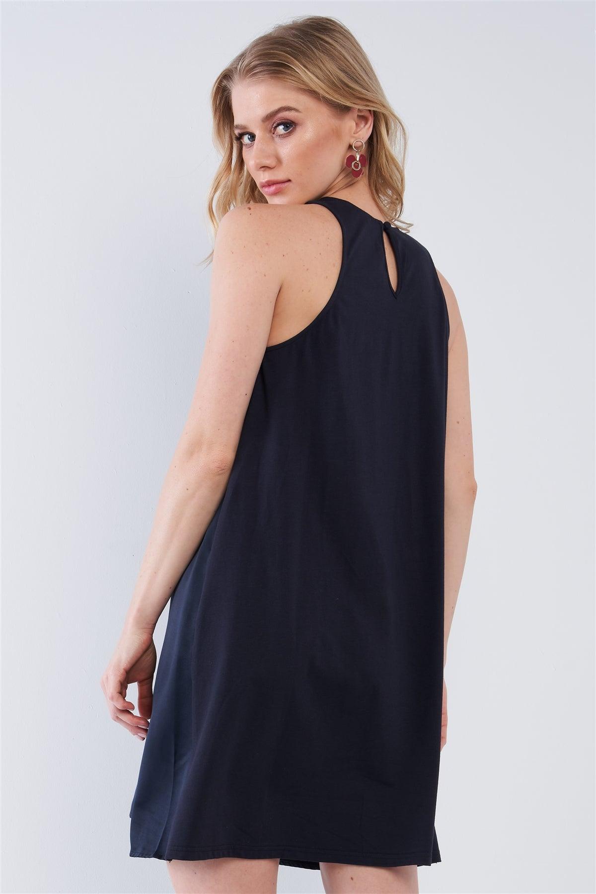 Solid Navy Blue Satin Front Cloth Back Sleeveless Loose Fit Mini Dress