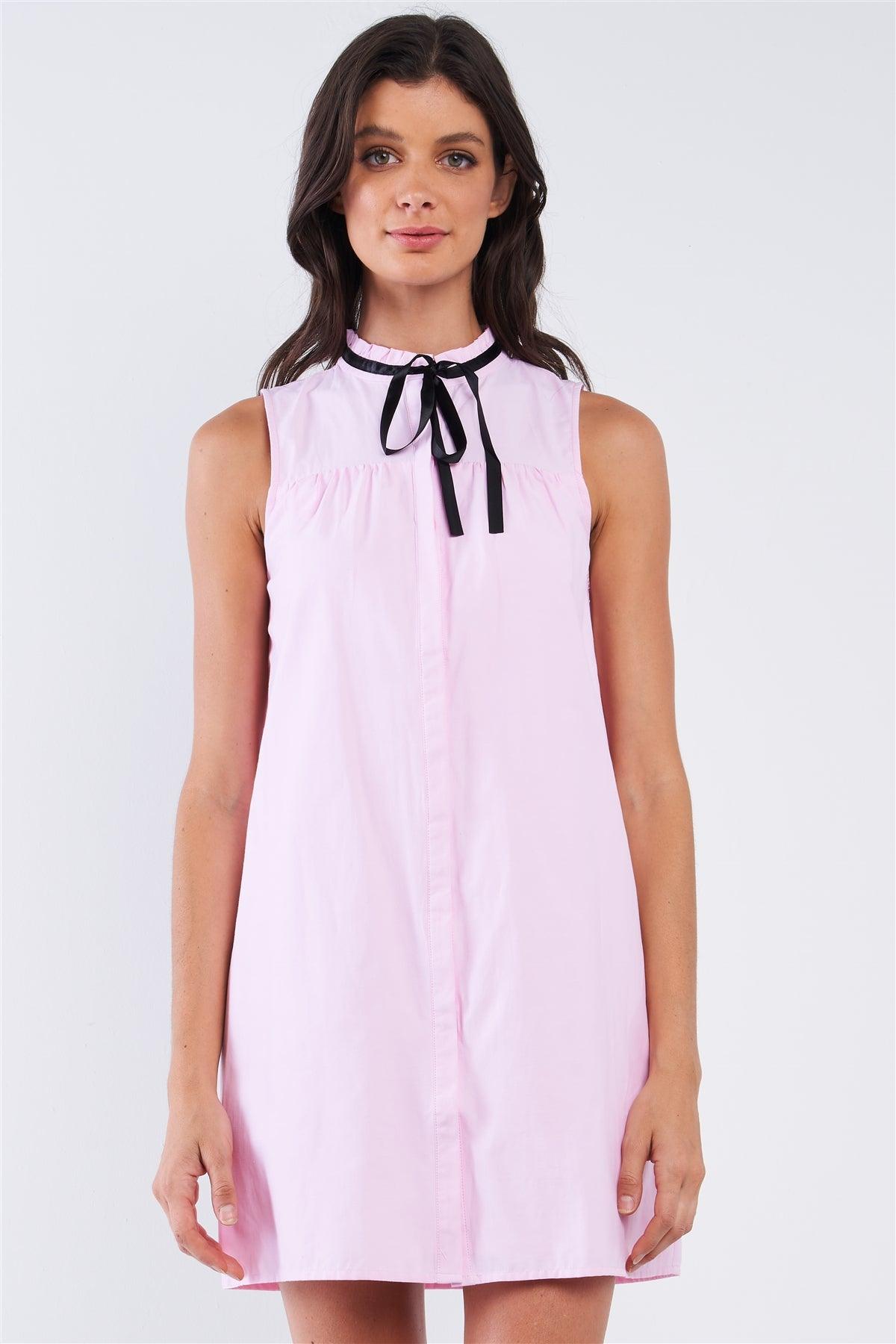Baby Pink Button Down Sleeveless Ribbon Tie Lettuce Hem Round Neck Loose Fit Babydoll Mini Dress