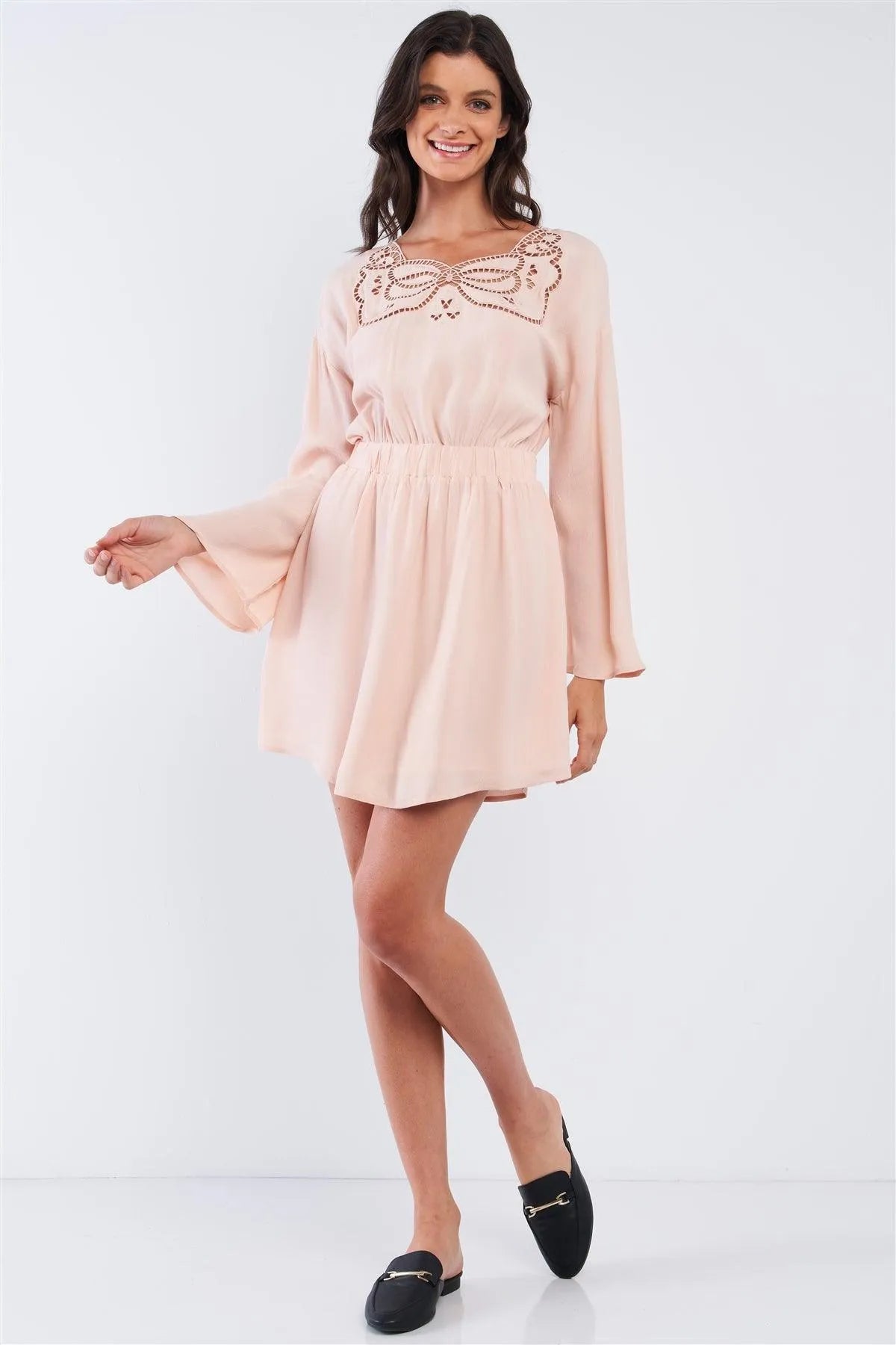 Nude Long Sleeve Self-Tie Elastic Waist Crochet Butterfly Shaped Serpent Cut Out Chest Embroidery Detail Mini Dress /1-2-2-1 - Tasha Apparel Wholesale